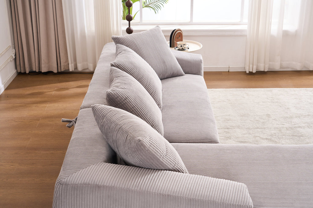LY-023 LIGHT GREY COMPRESSION SOFA: Combining chaise longue with 3-seater, Corduroy Fabric, full sponge compression sofa,combined sofa with 4 pillows for living/ Home Furniture/ Apartment