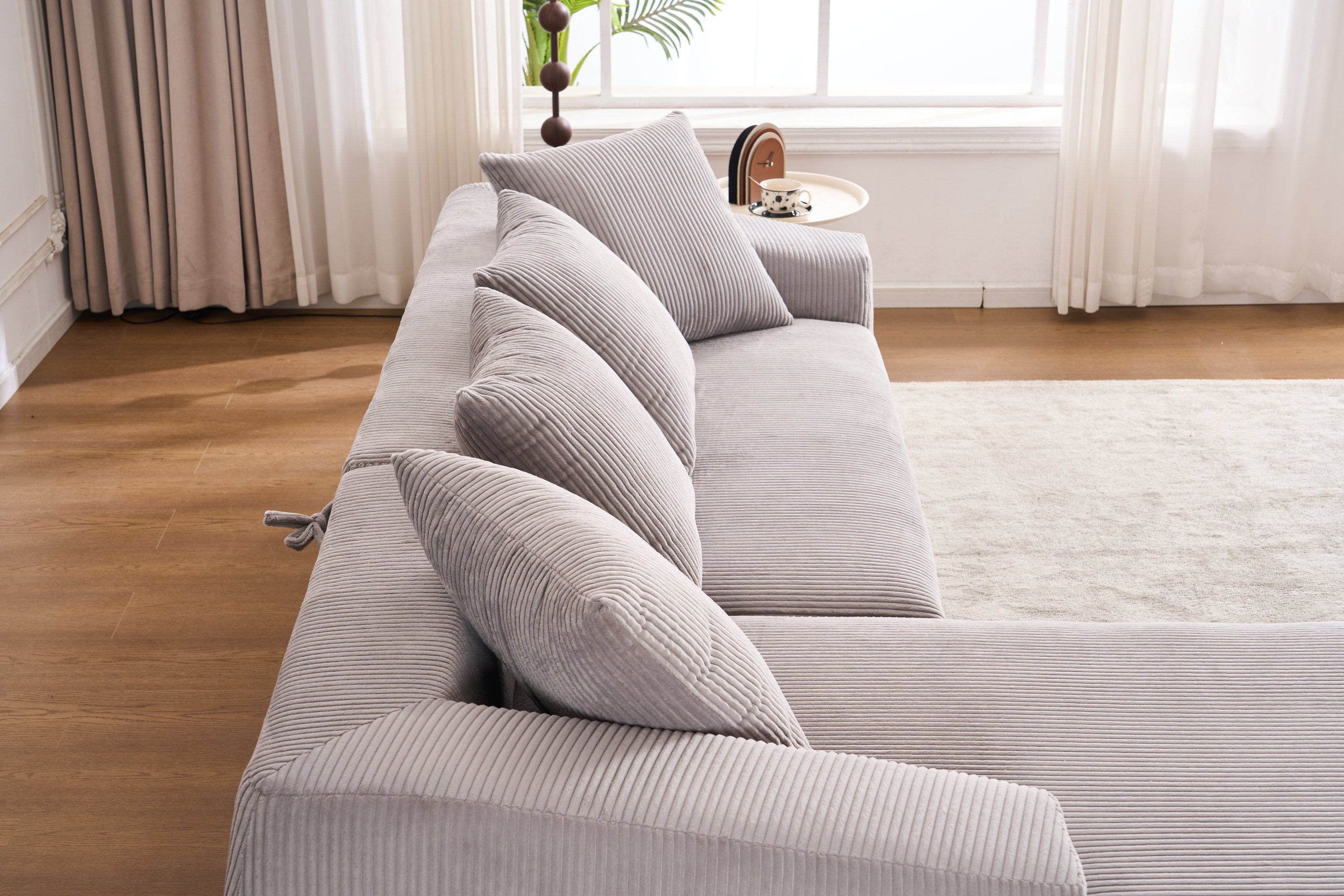 LY-023 LIGHT GREY COMPRESSION SOFA: Combining chaise longue with 3-seater, Corduroy Fabric, full sponge compression sofa,combined sofa with 4 pillows for living/ Home Furniture/ Apartment