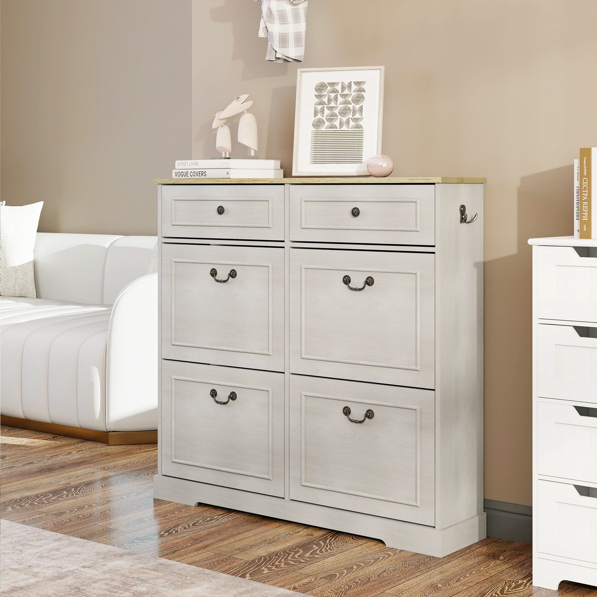 Shoe Storage Cabinet with 2 Drawers, 4 Flip Drawers, Freestanding Shoe Cabinet Organizer with Adjustable Shelf, Shoe Cabinet for Entryway, Foyer, Slim Shoe Cabinet-Antique White