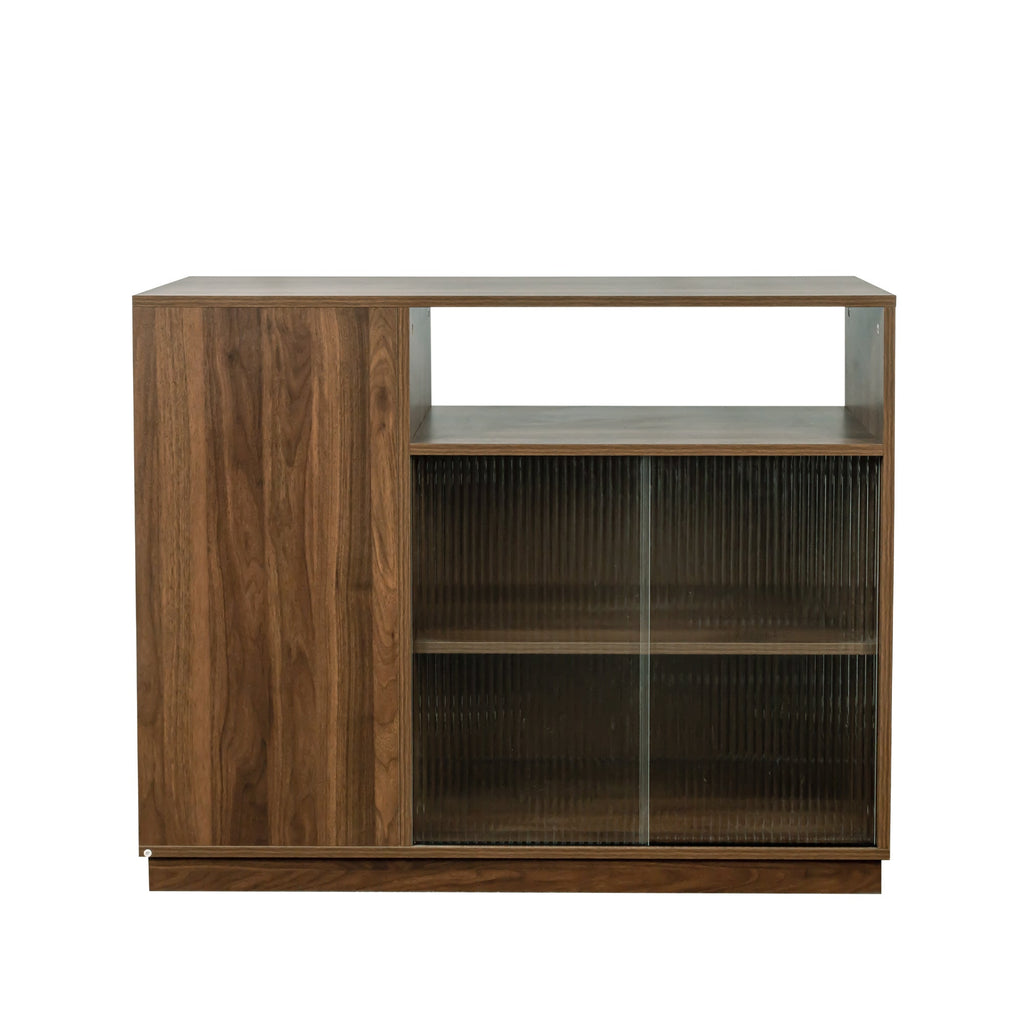 Kitchen Sideboard, Small  Countertop Organizer, Tabletop Cabinet with 2 Glass Sliding Door,3 Side Drawers & 1 small display shelves, Counter Cabinet for Kitchen, Living Room, Dinning Area