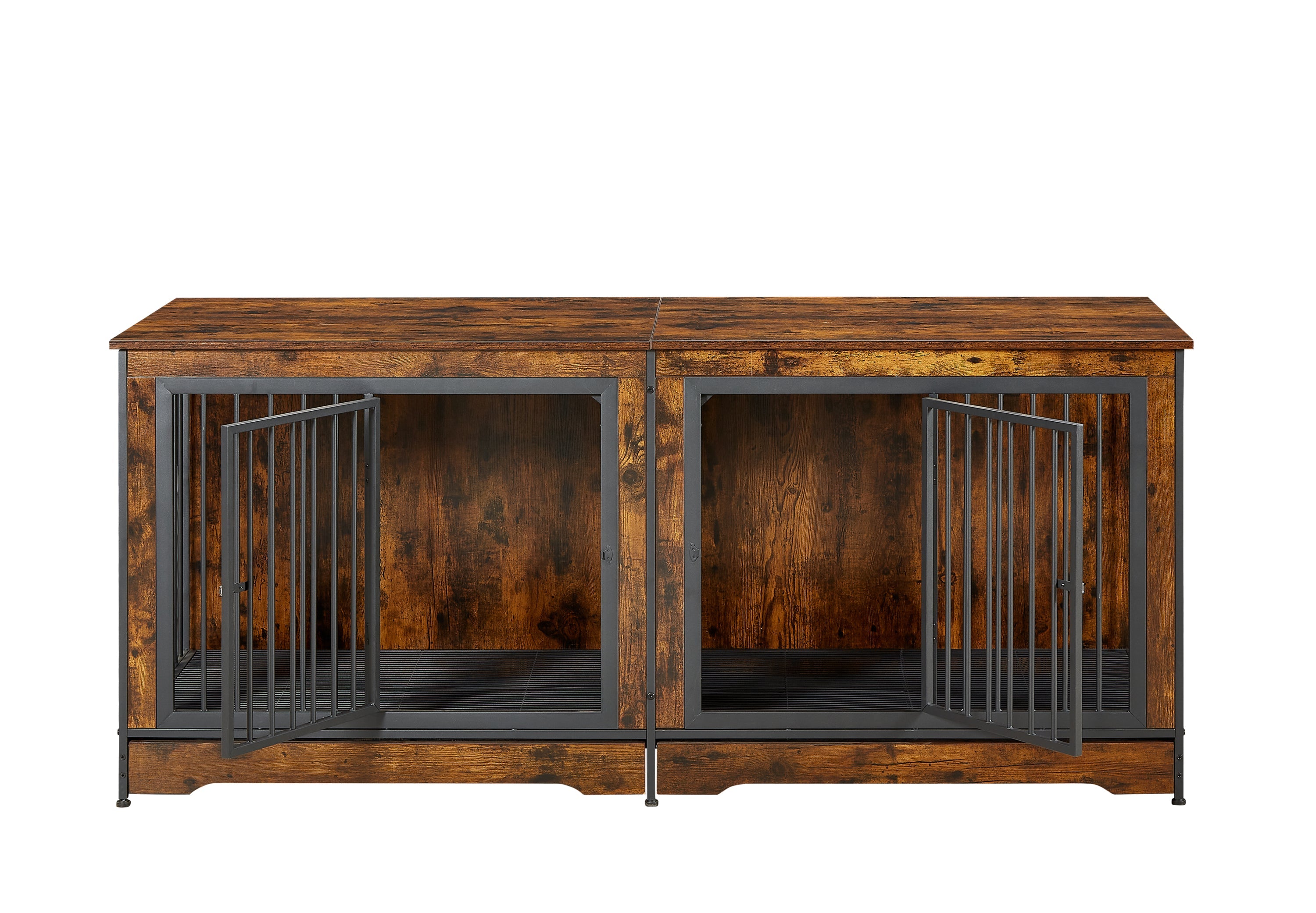 Super large dog crate furniture for two dogs with tray, TV stand. Rustic Brown, 75'' W x 26.4'' D x 32.3'' H.