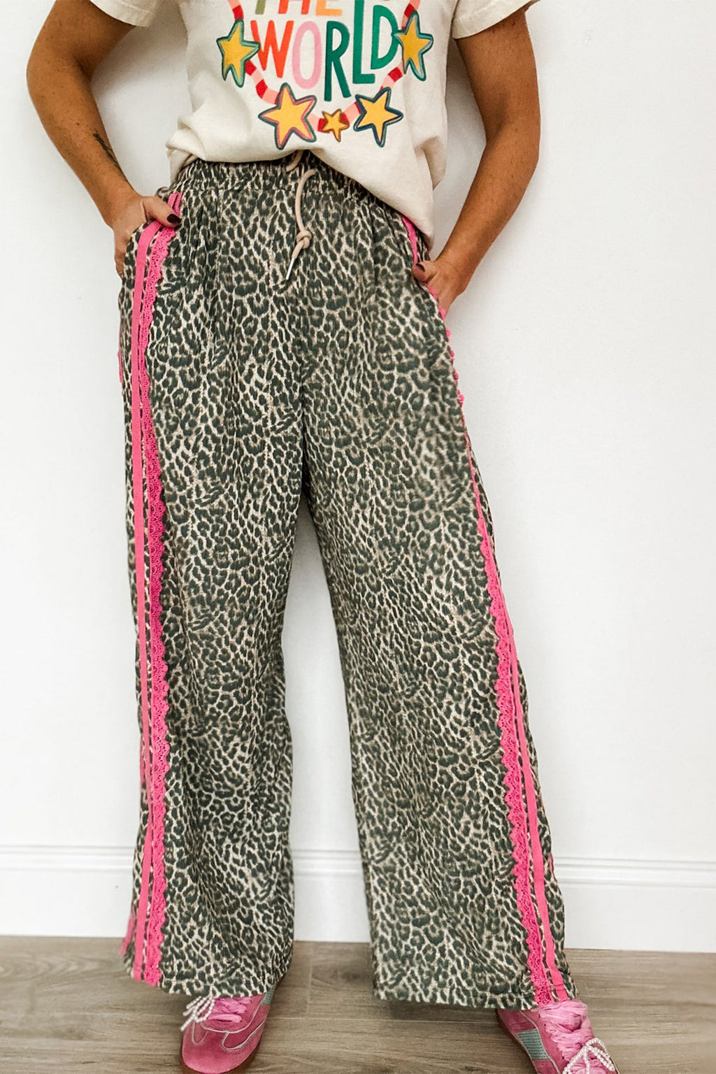 Leopard Contrast Lace Stripe Drawstring Pants