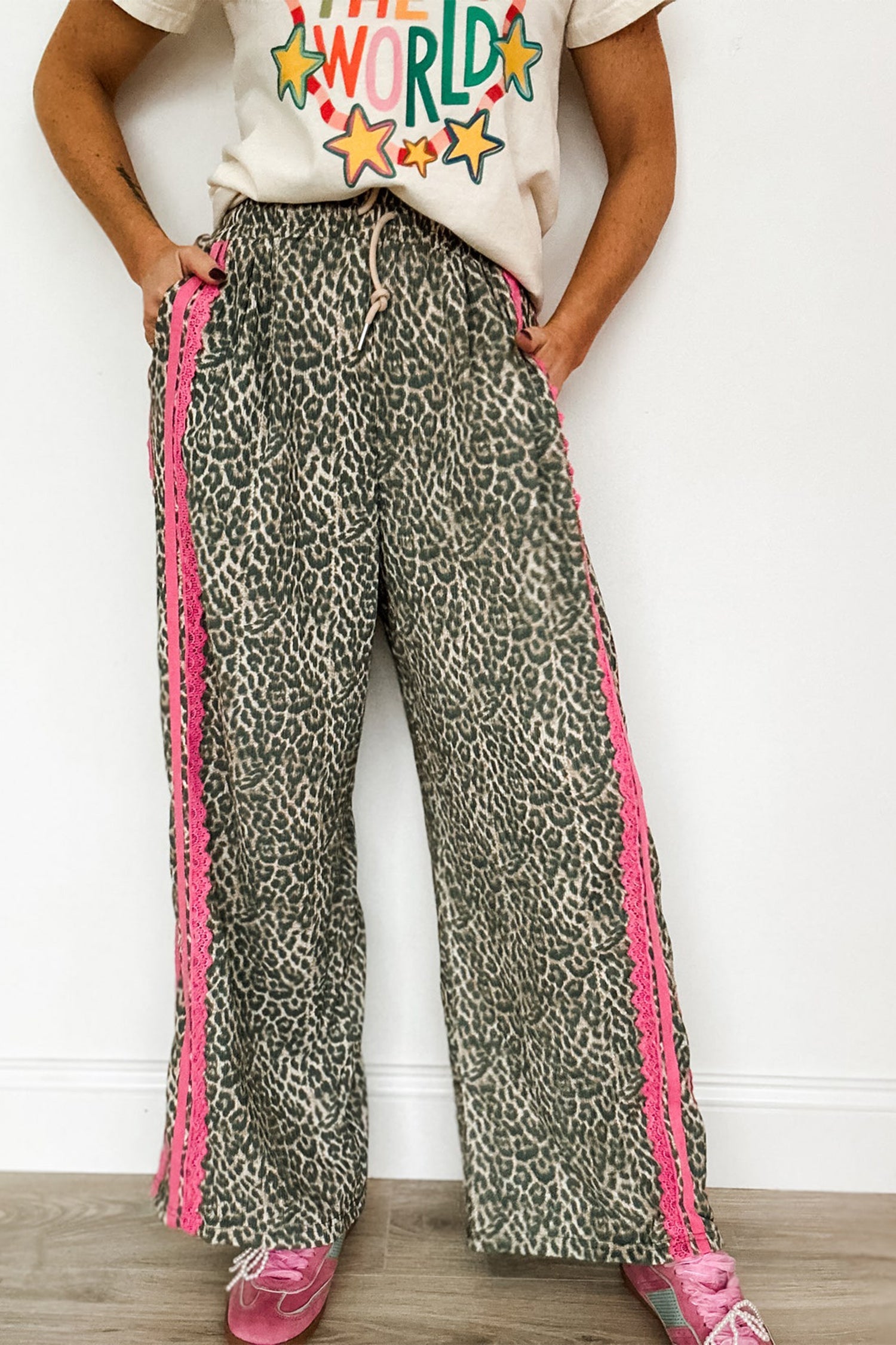Leopard Contrast Lace Stripe Drawstring Pants