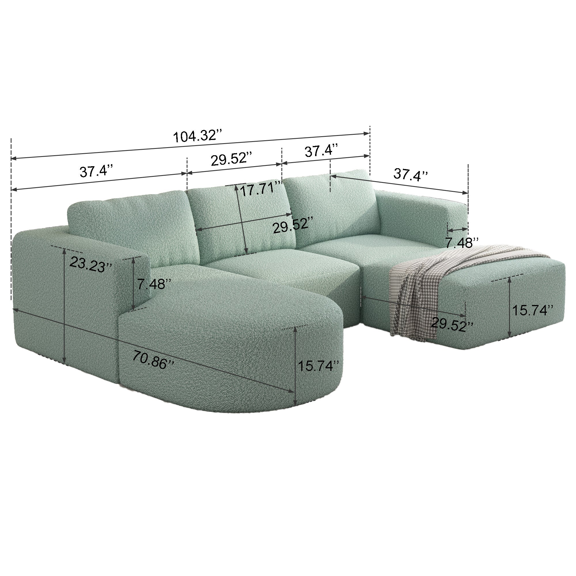 104.32*70.86 Modular Sectional Sofa Sleeper Couch, Sectional Sofa with Chaise and Ottoman, Convertible U Shaped Modular Sofa Set. Compressed spon, Light Green (Combo A+B+C+D)