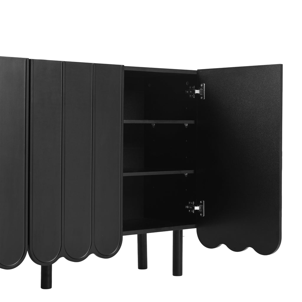 ON-TREND Cream Style Minimalist Shoe Cabinet with 5 Solid Wood Legs, Sideboard Buffet Cabinet with Adjustable Shelves, Large Storage Cabinet with Wave Doors for Living Room, Black