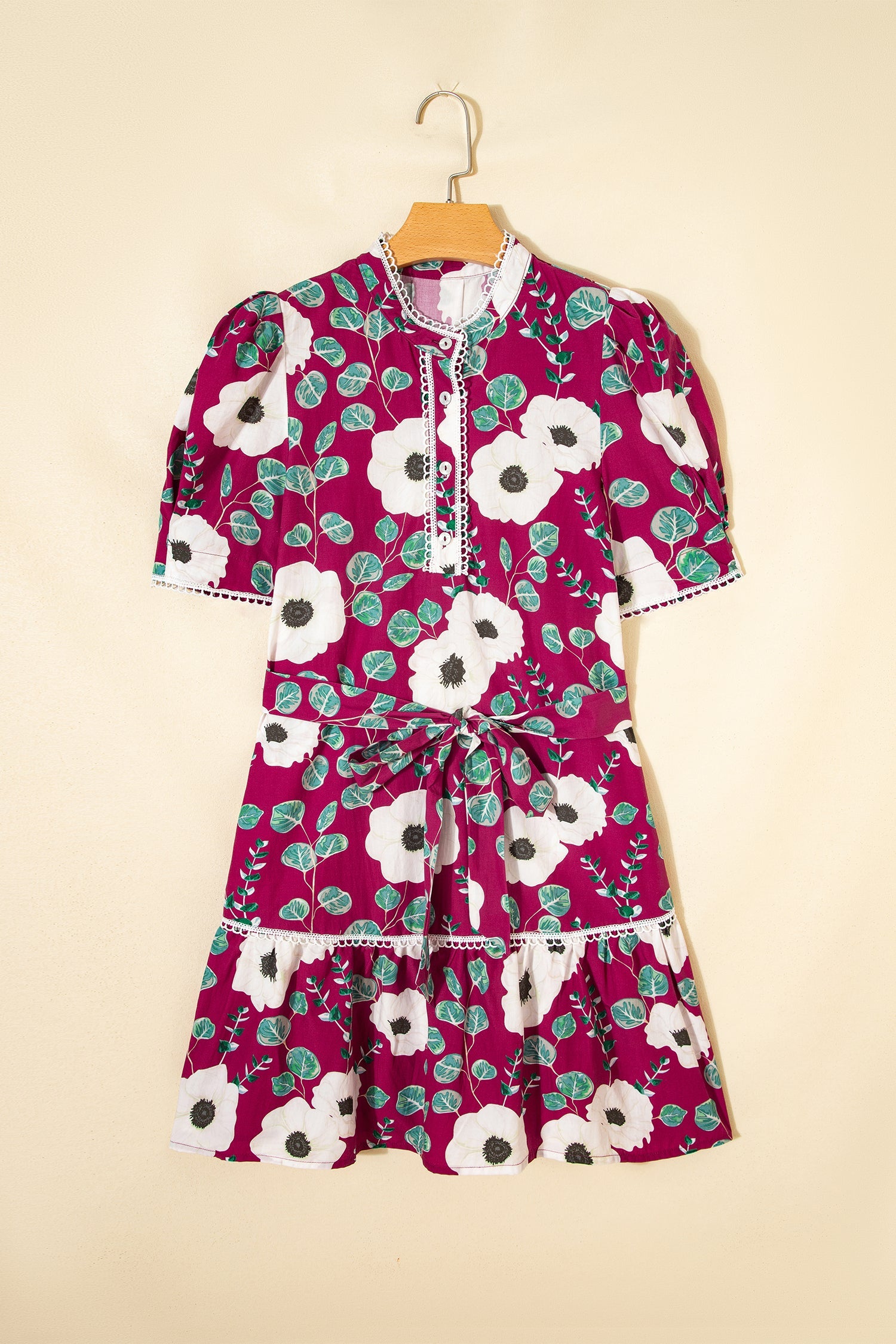 Floral Short Puff Sleeve Belted Mini Dress