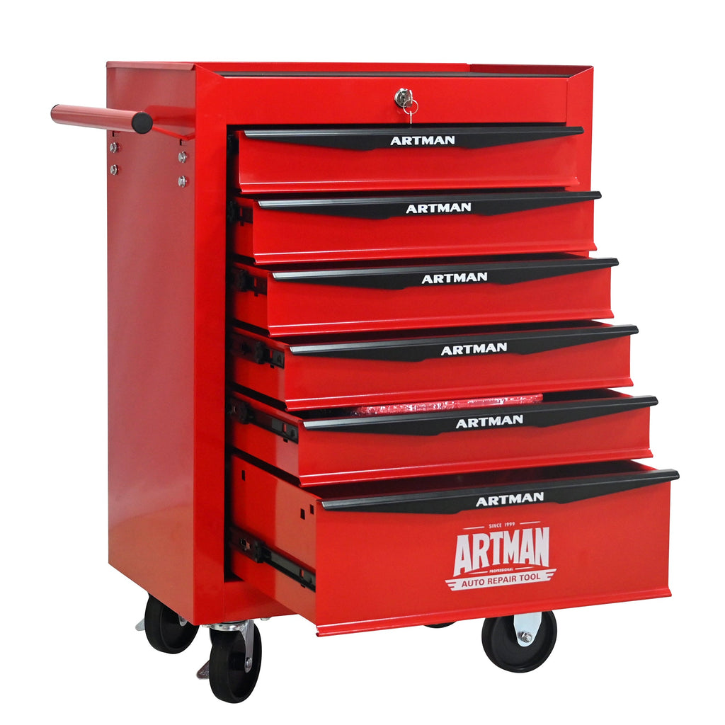 Rolling Metal Tool Chest with 6 Drawers, 20' Steel Storage Cabinet with Ball Bearing Slides, Red and Black Finish