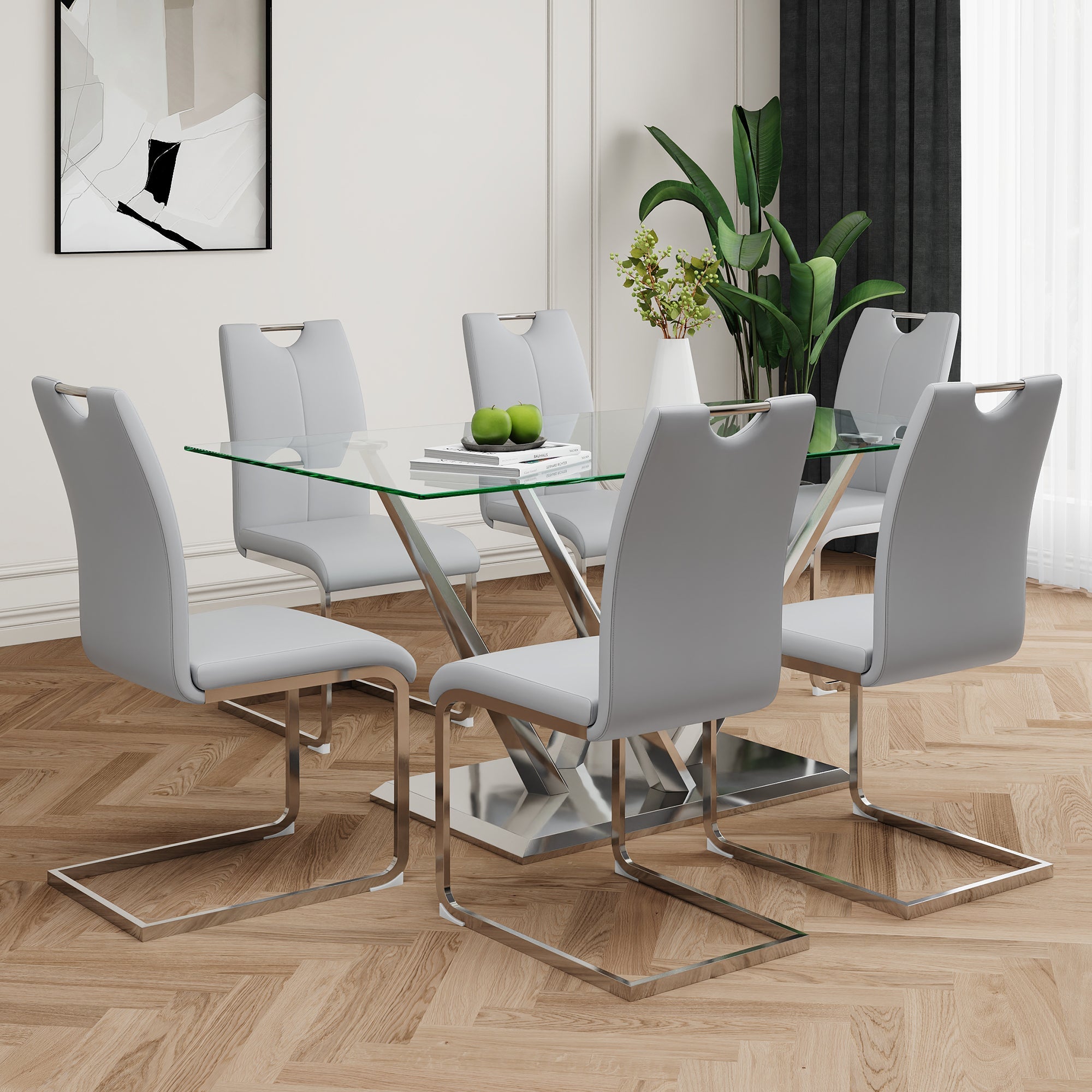 Modern style glass dining table, elegant transparent design, sturdy stainless steel base, Light gray dining chairs set, electroplated chair legs, suitable for dining room and kitchen (set of 7)