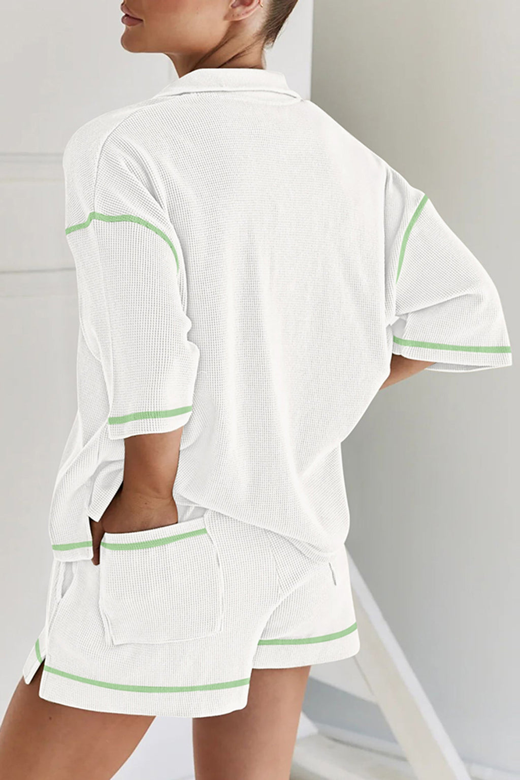Colorblock Trim Waffle Knit Top and Shorts Set