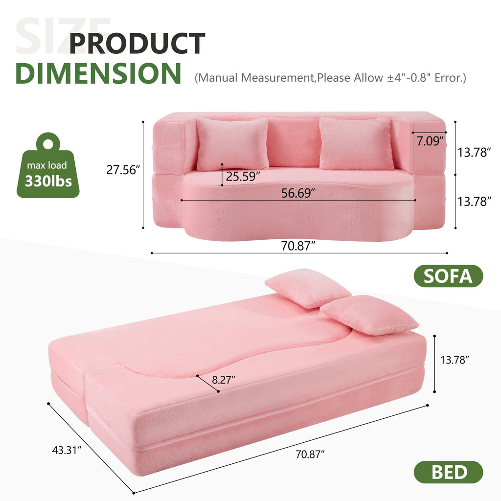 71-inch folding sofa bed, chenille futon sofa bed, high-density foam convertible sofa bed, folding floor sofa bed for living room, guest room, bedroom, pink