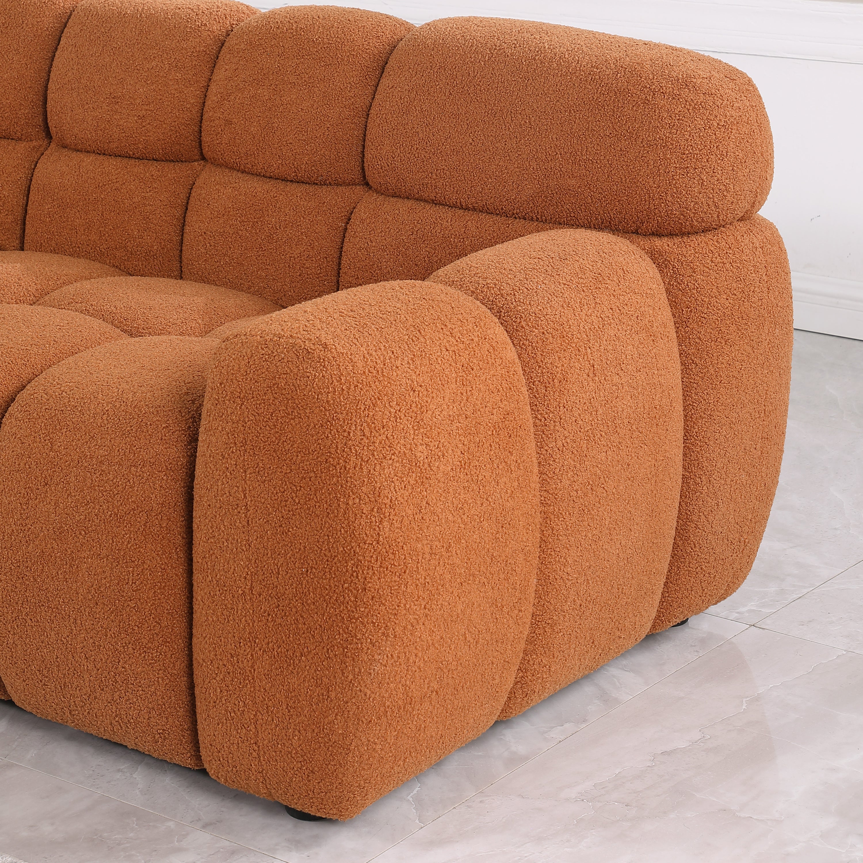 87.4 length ,35.83' deepth ,human body structure for USA people,  marshmallow sofa,boucle sofa ,3 seater, LIGHT BROWN   BOUCLE
