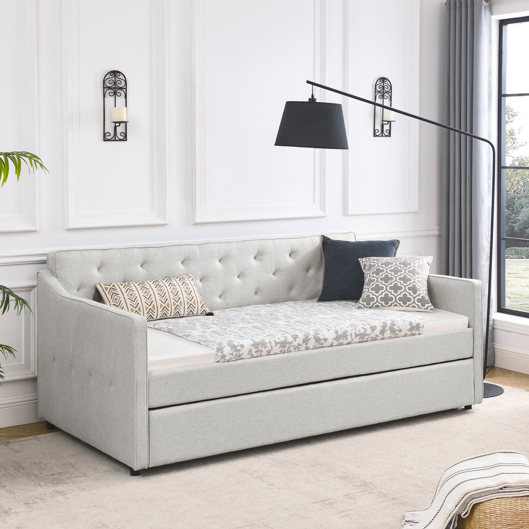 Twin Size Daybed with Twin Size Trundle Upholstered Tufted Sofa Bed,  Waved Shape Arms, Beige (80.5'x44.5'x33.5')