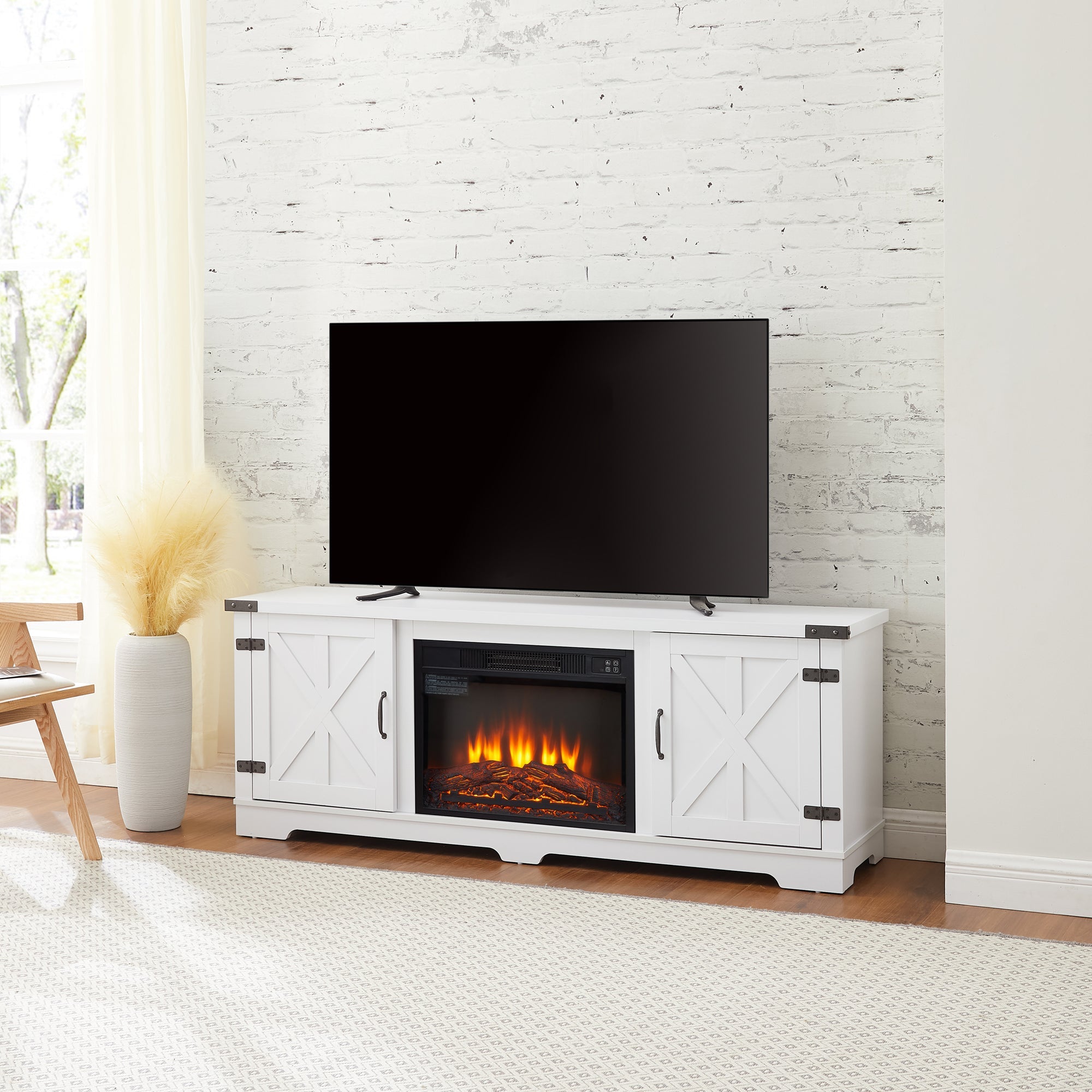 Modern Farmhouse TV Media Stand, Large Barn Inspired Home Entertainment Console, with 23' Fireplace Insert, for TV Up to 70'', with Open Shelves and Closed Cabinets, White, 64.8'W*15.67'D*24.29'H