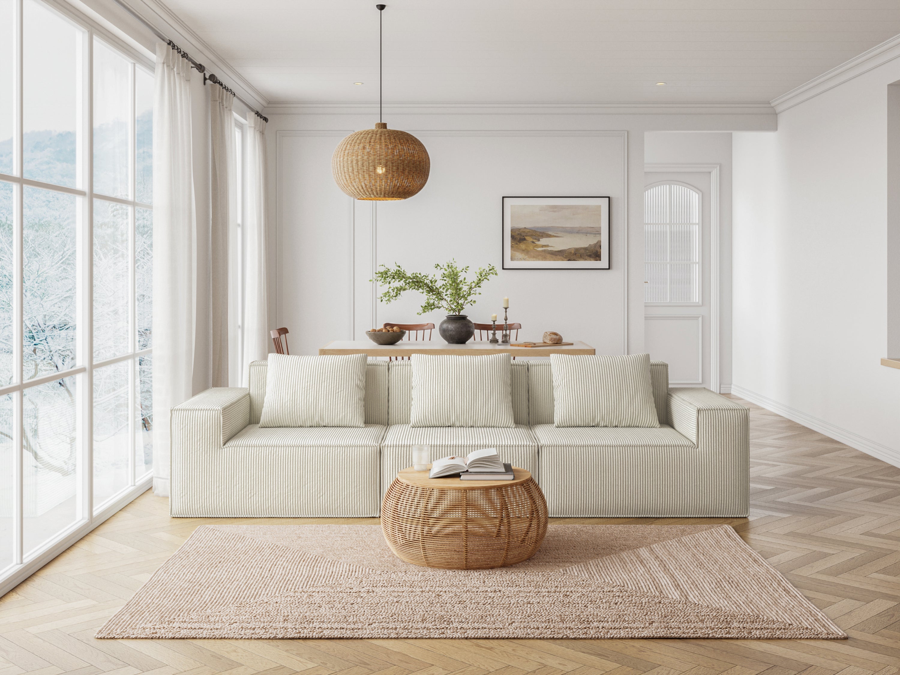 118-inch modular sofa can be converted into an oversized sofa bed  Free conversion sofa set flexible configuration, soft corduroy cloud velvet fabric Three-person combination white