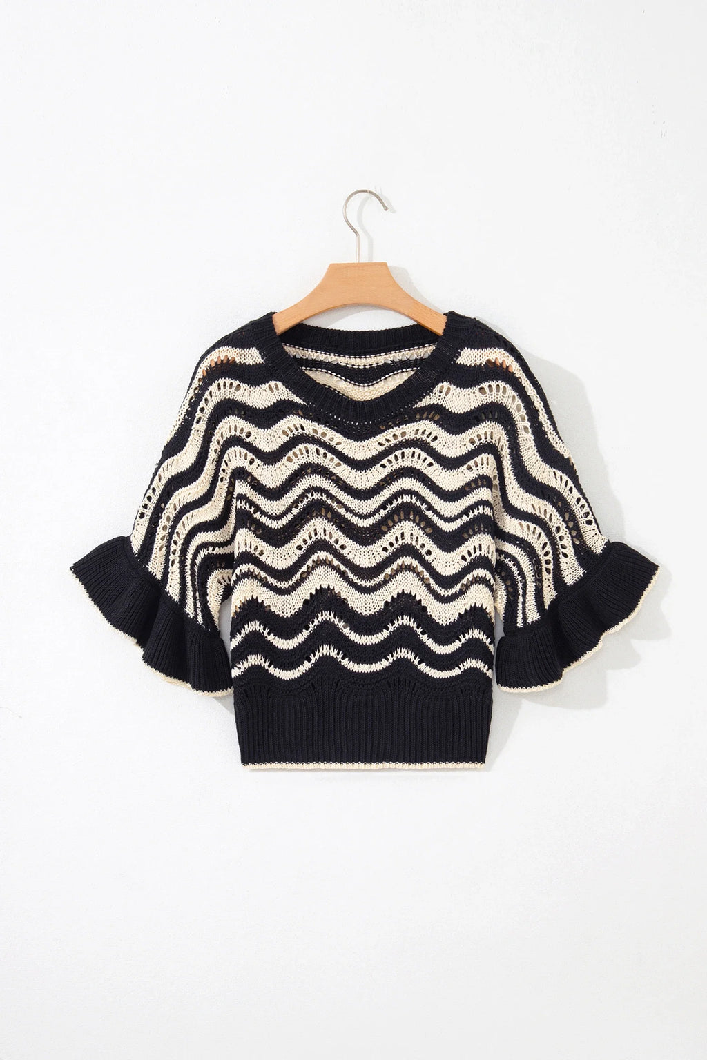 Wavy Stripe Ruffle 3/4 Sleeve Crochet Sweater