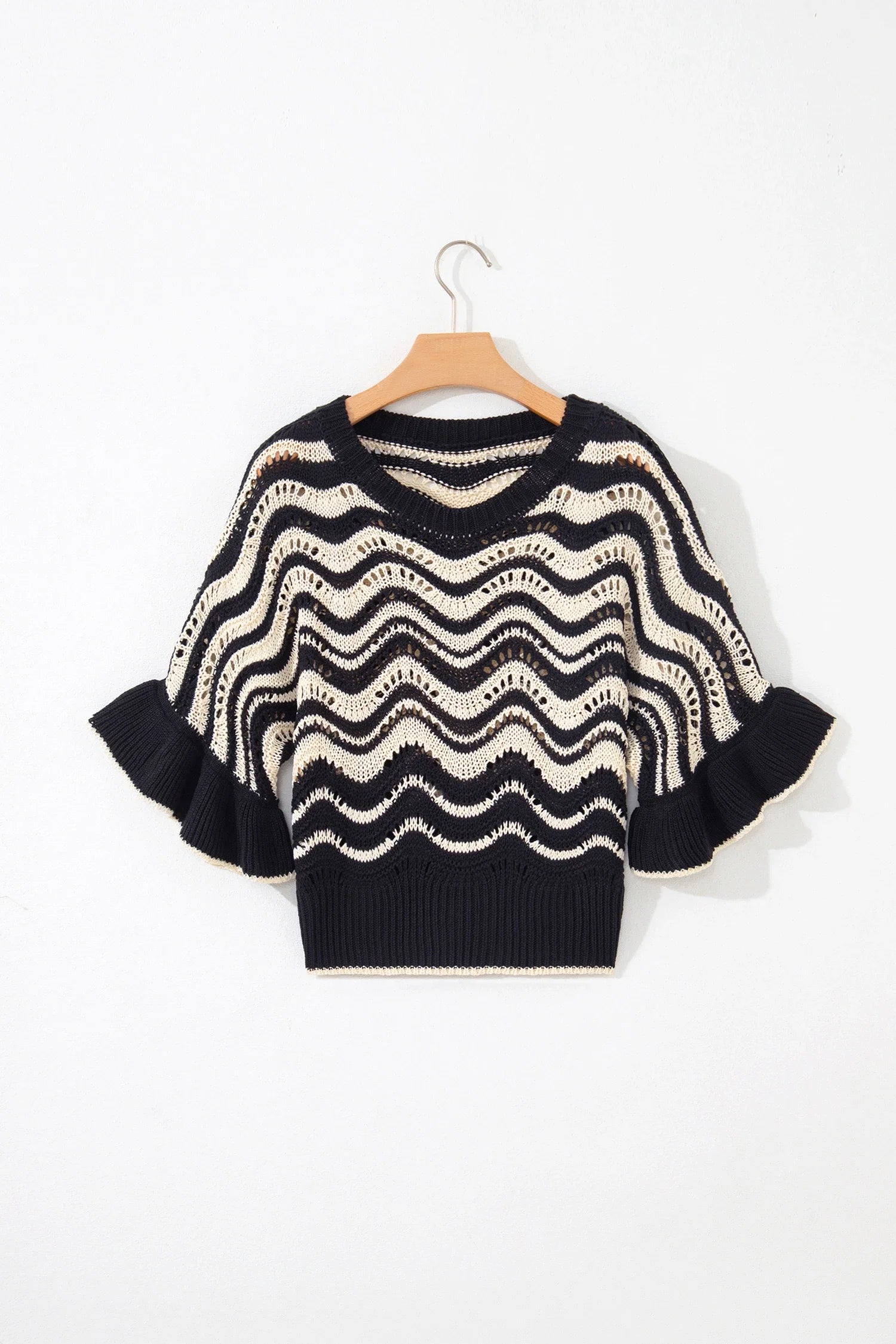 Wavy Stripe Ruffle 3/4 Sleeve Crochet Sweater
