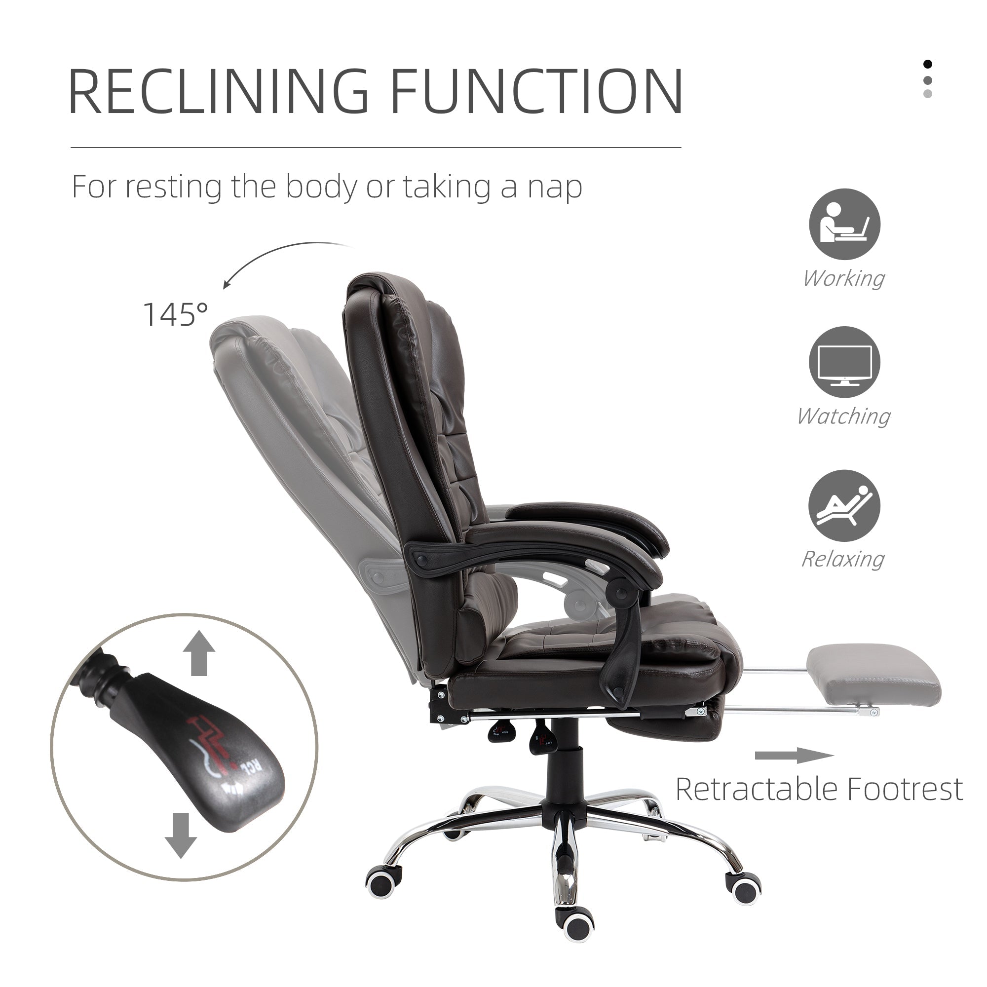 HOMCOM High Back Ergonomic Executive Office Chair, PU Leather Computer Chair with Retractable Footrest, Lumbar Support, Padded Headrest and Armrest, Coffee
