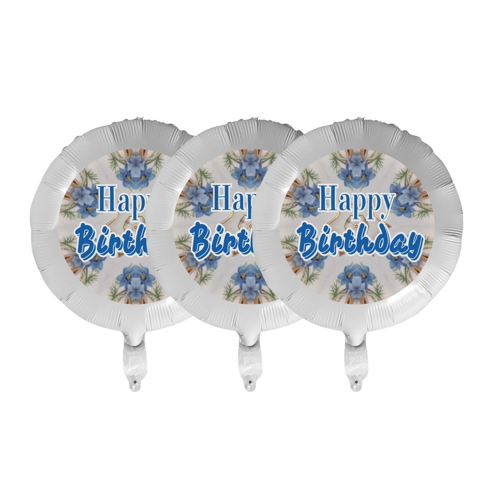 Happy Birthday Blue Floral Design 18-inch Custom Aluminum Foil Balloons - Pack of 3 (Made in USA)