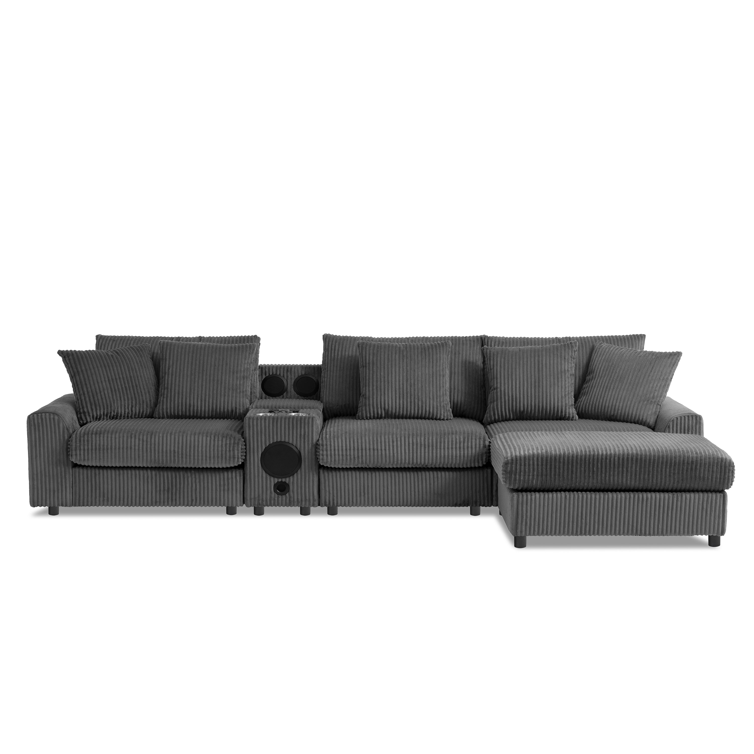 Modular Corduroy Sectional Sofa with Bluetooth Speakers, USB Charger, Cup Holders, Storage, and Ottoman in Dark Gray