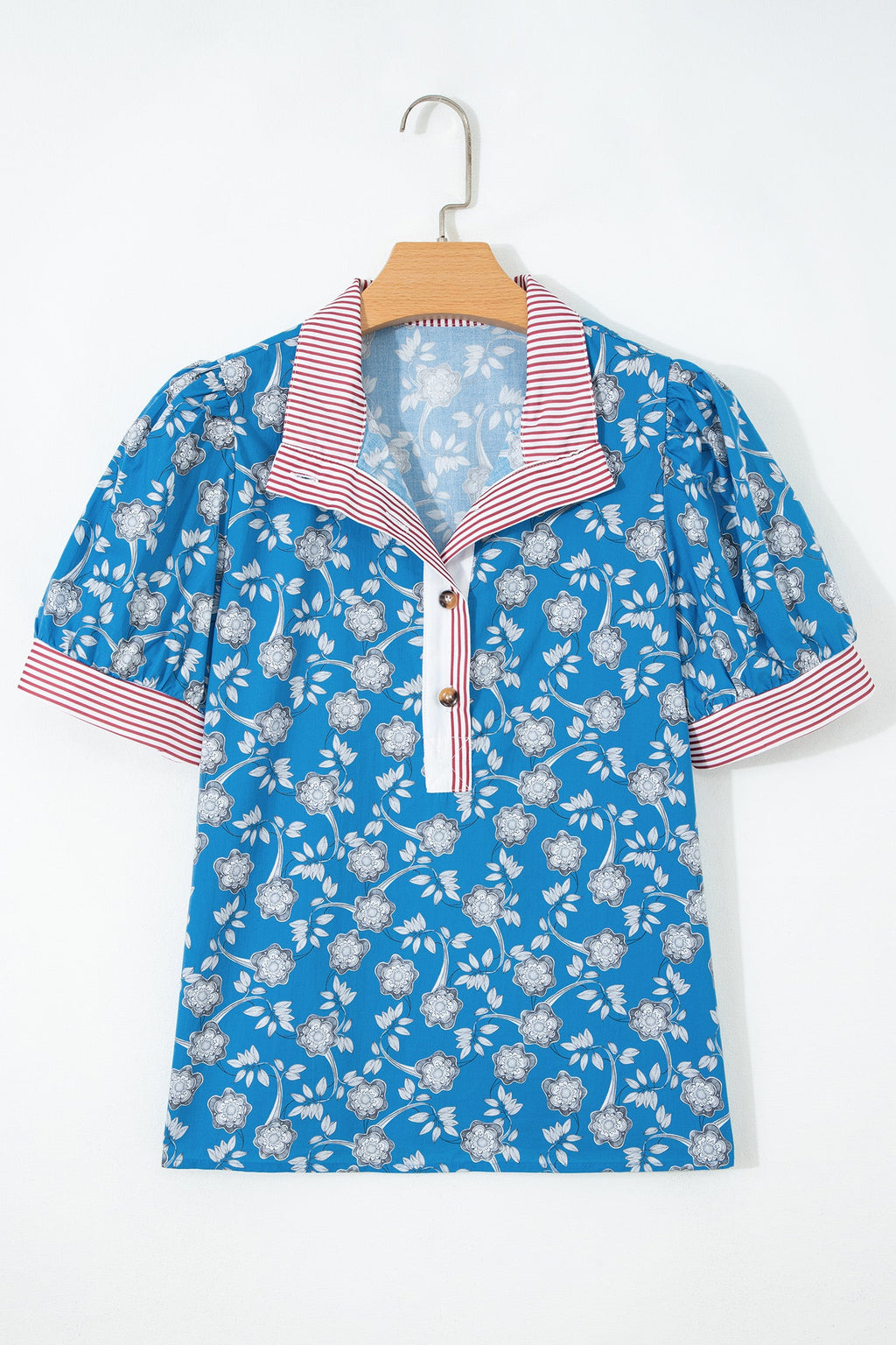 Floral Stripe Trim Button Neck Short Sleeve Blouse