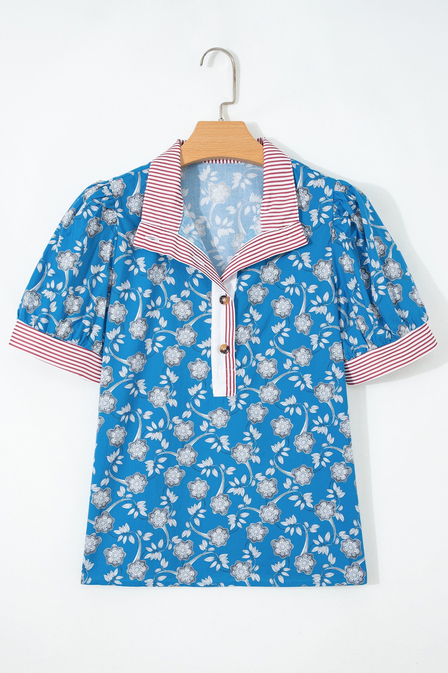 Floral Stripe Trim Button Neck Short Sleeve Blouse