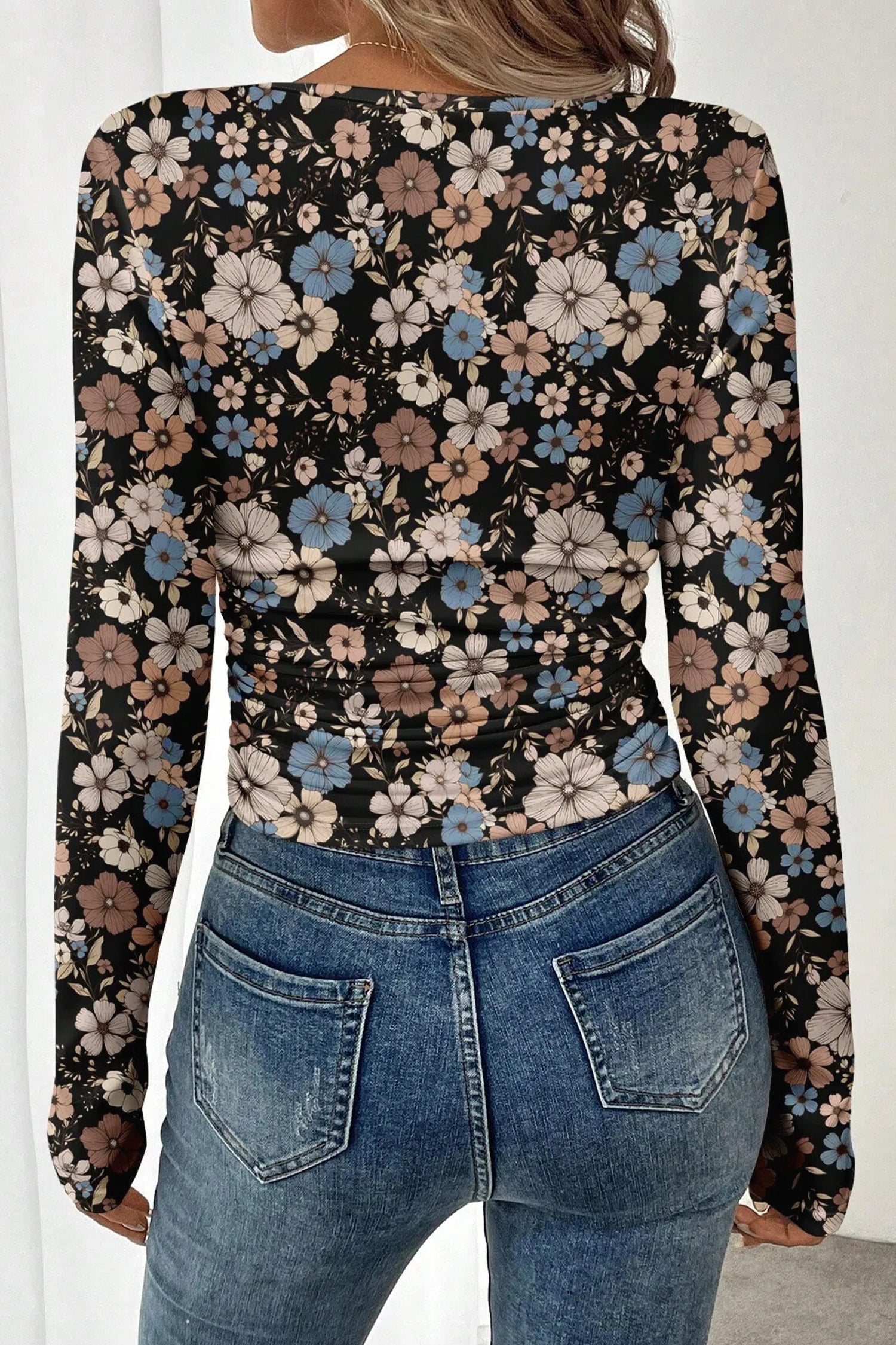 Leopard & Floral Square Neck Long Sleeve T-Shirt