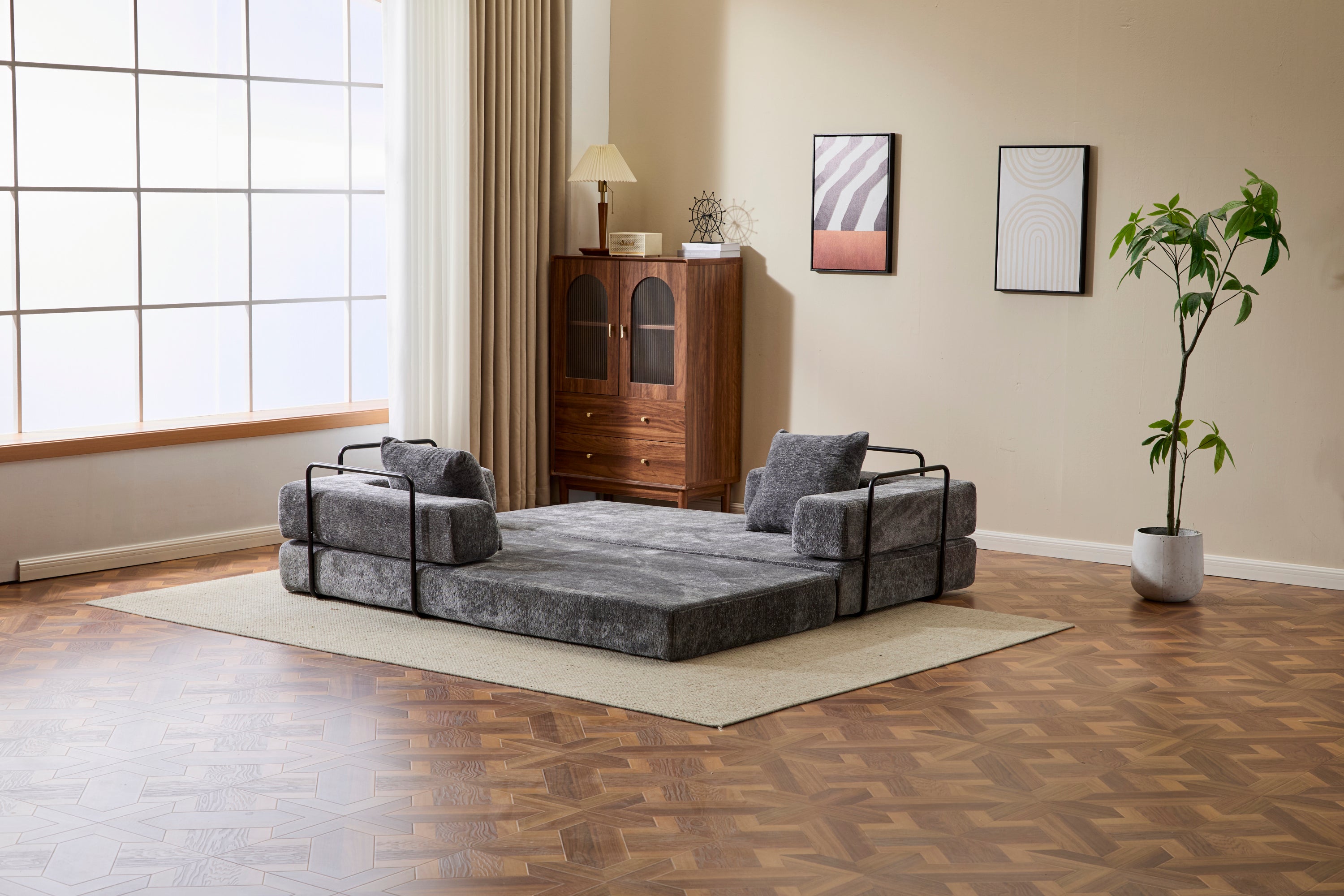 Floor Couch,Compression Sofa,Convertible Floor Sofa Bed-with Pillow Back Support Armrest,Comfy Futon Couch Lounge Sleeper Bed,Chenile fabric,for Living Room Bedroom (DARK-GREY)