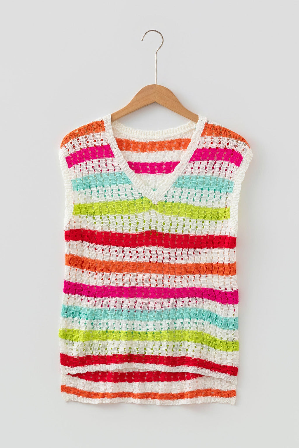 Stripe Eyelet Knit V-Neck Short Sleeve Sweater Tee