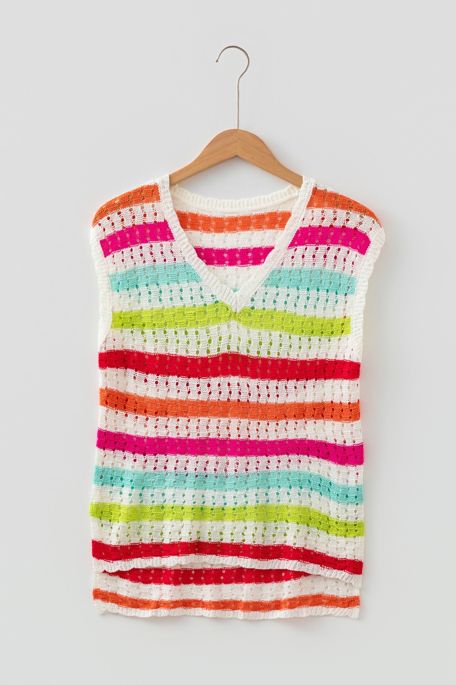 Stripe Eyelet Knit V-Neck Short Sleeve Sweater Tee