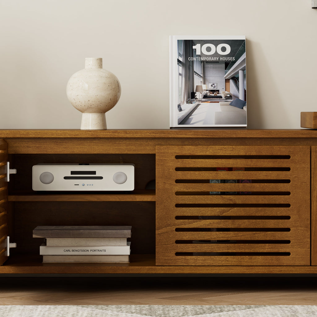 63' Mid-Century Modern Extendable TV Stand for TVs up to 75', Media Console TV Cabinet for Living Room, Farmhouse Entertainment Cabinet with Storage & Adjustable Panel