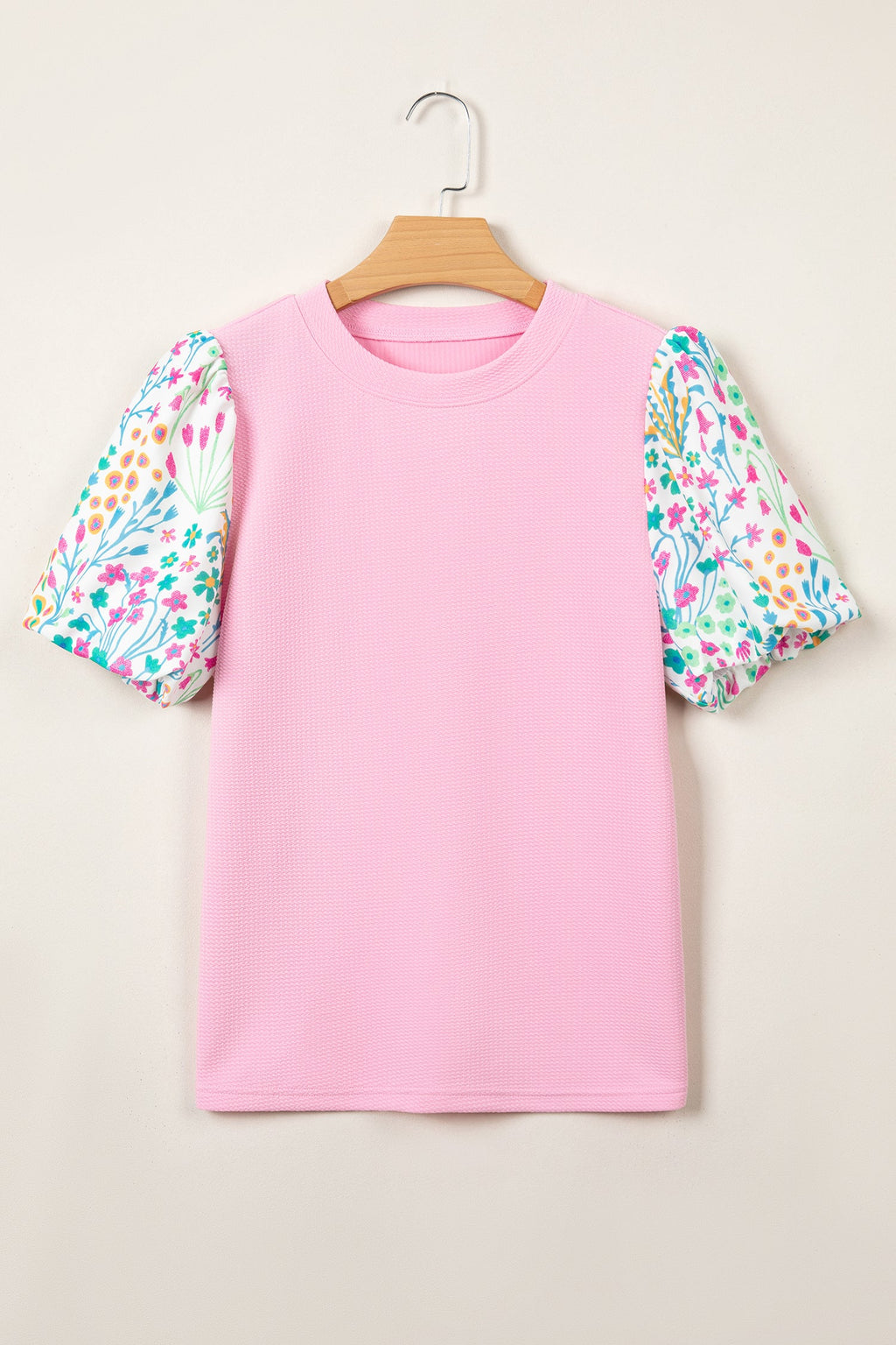Floral Patchwork Bubble Sleeve Textured Blouse