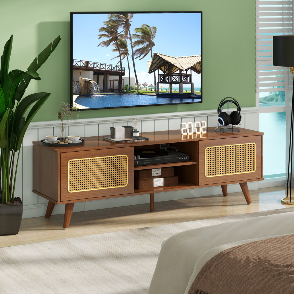Mid Century Modern Rattan TV Stand for 55/60/65 inch TV , Entertainment Cabinet, Media Console for Living Room Bedroom Media Room, Solid Wood Feet & Rattan Cabinet Doors  (Walnut, 59')