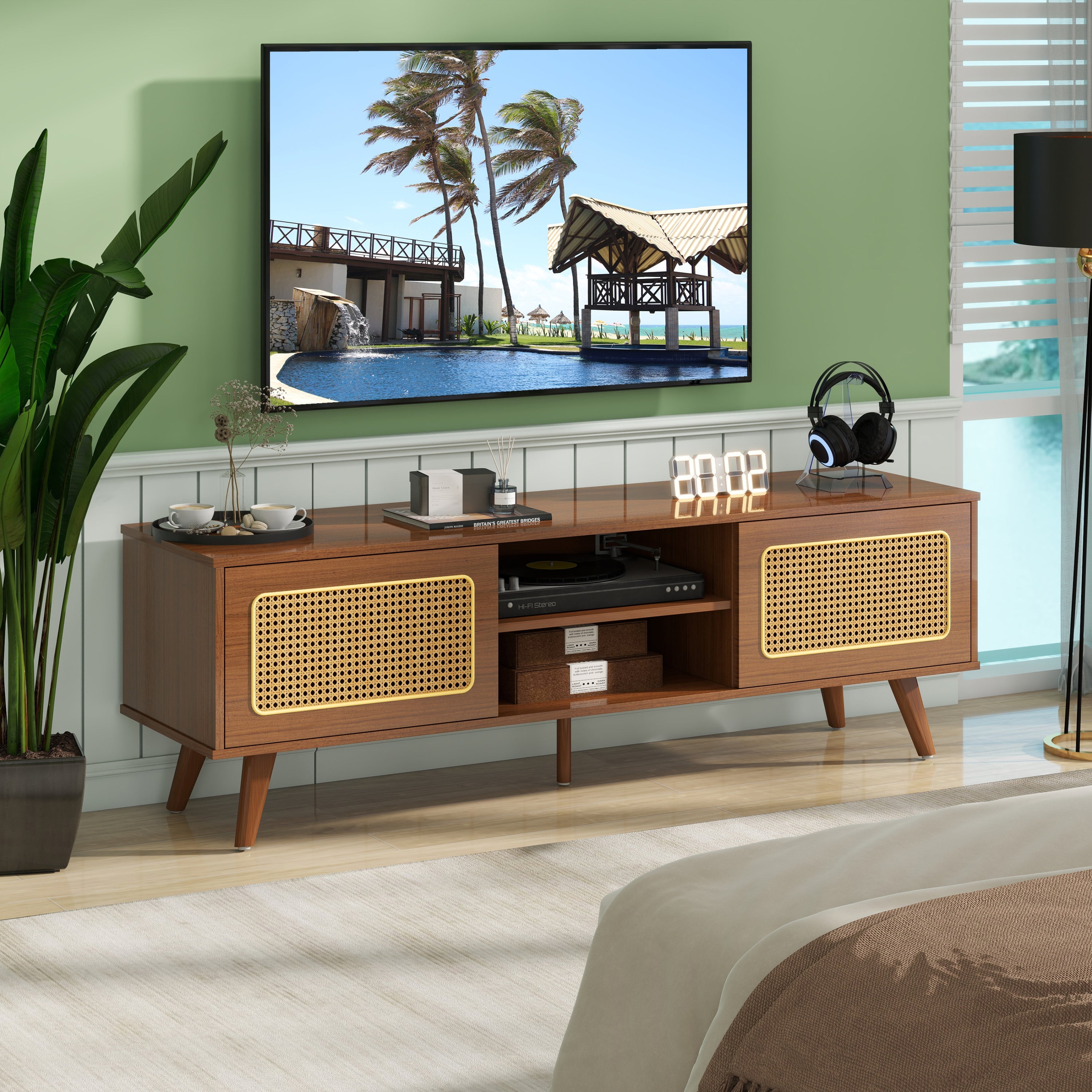 Mid Century Modern Rattan TV Stand for 55/60/65 inch TV , Entertainment Cabinet, Media Console for Living Room Bedroom Media Room, Solid Wood Feet & Rattan Cabinet Doors  (Walnut, 59')