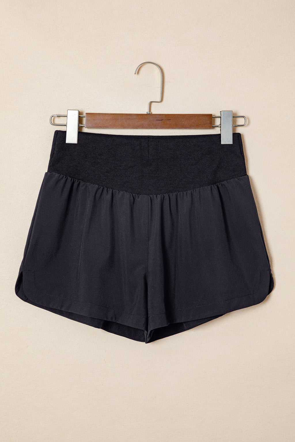 Solid Ribbed Patchwork High Waist Athletic Shorts