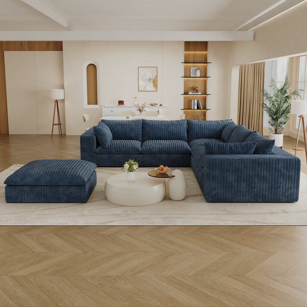 118.2' Cloud Sofa,Corduroy Fabric,Deep Seat Couches,Double-layer design,Removable Cushion,No Assembly, DIY Combination for Living room, Bedroom,Conference room ,Apartment,Blue