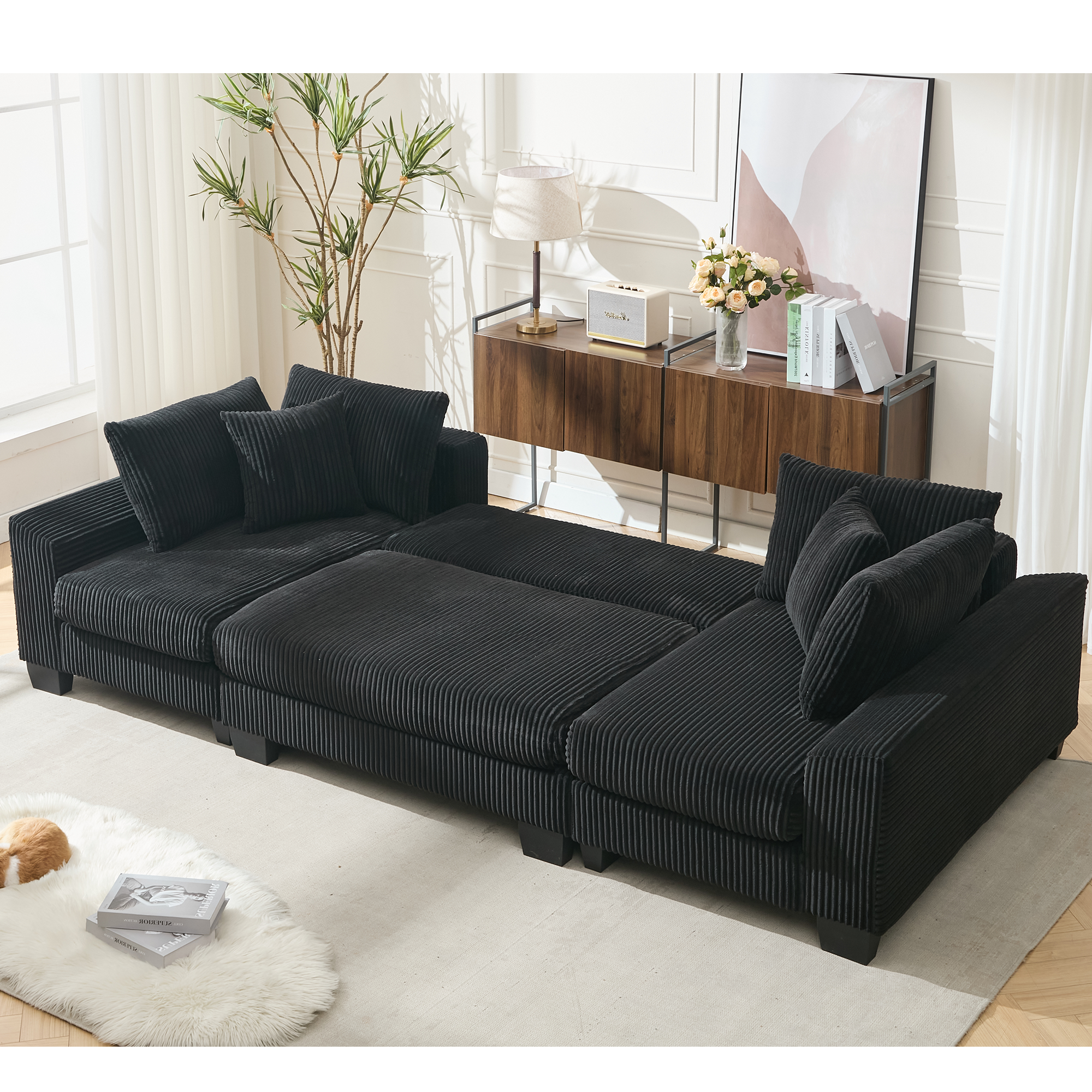 [NEW ARRIVED] [VIDEO PROVIDED]   114' Sleeper Sofa,U Shaped Sofa , Pull Out Bed,Convertible Oversize 2 in 1 Sleeper Sofa, Living Room,Upholstery Sofa Bed,Adjustable Sleeper Sofa,Corduroy,Black