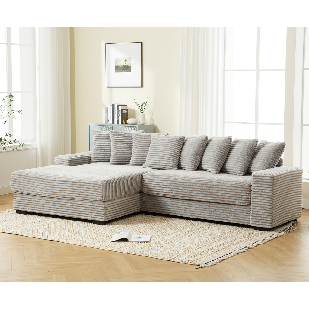 [NEW ARRIVED] [VIDEO PROVIDED] Oversized Two-Piece  Couches,  L Shaped Sofa, Corduroy, Left Chaise Daybed,with Armrests,Eight Throw Pillows,Corner Sofa,Easy To Assemble,  Gray