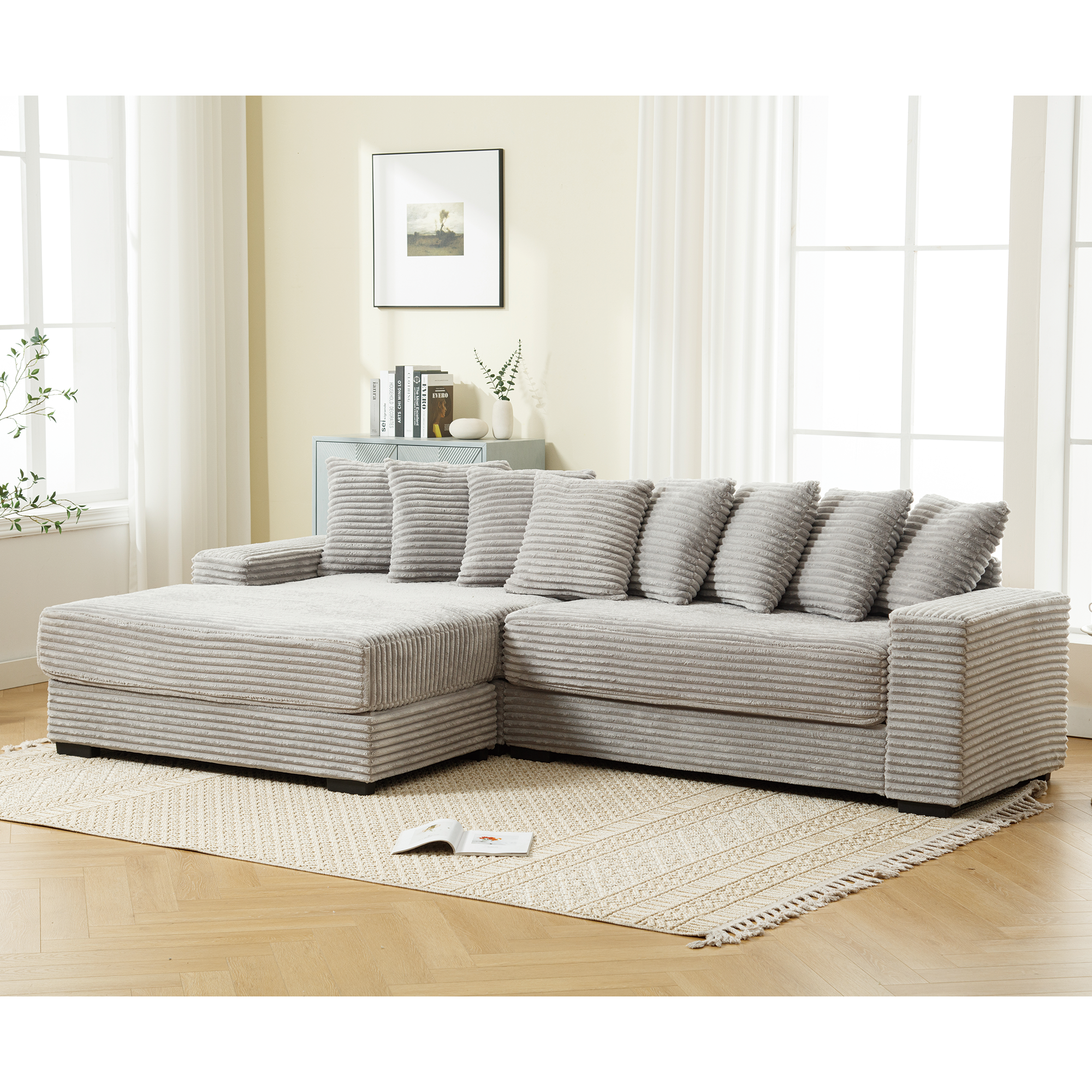 [NEW ARRIVED] [VIDEO PROVIDED] Oversized Two-Piece  Couches,  L Shaped Sofa, Corduroy, Left Chaise Daybed,with Armrests,Eight Throw Pillows,Corner Sofa,Easy To Assemble,  Gray