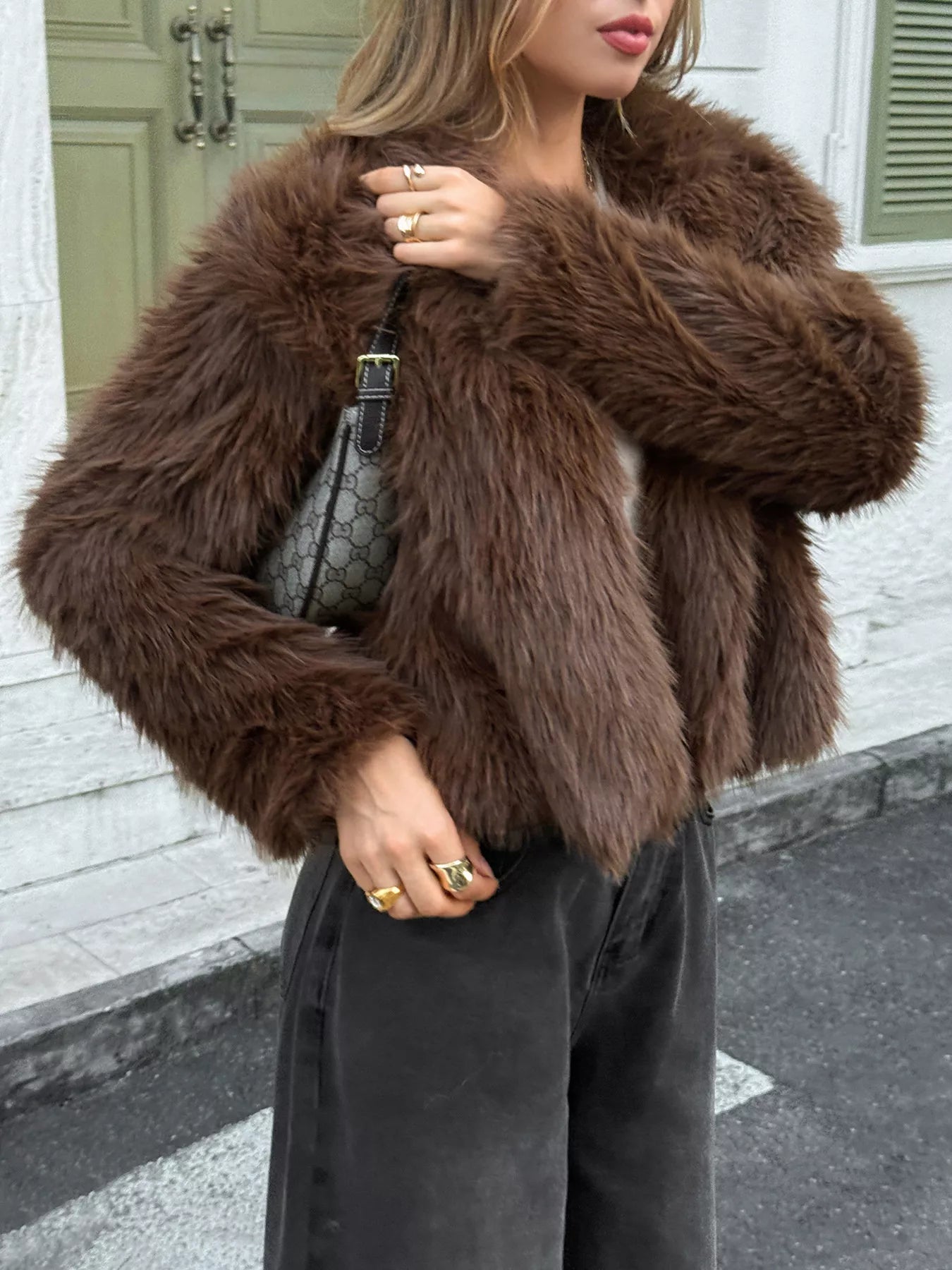 Open Front Faux Fur Cropped Jacket Women Lined Polyester