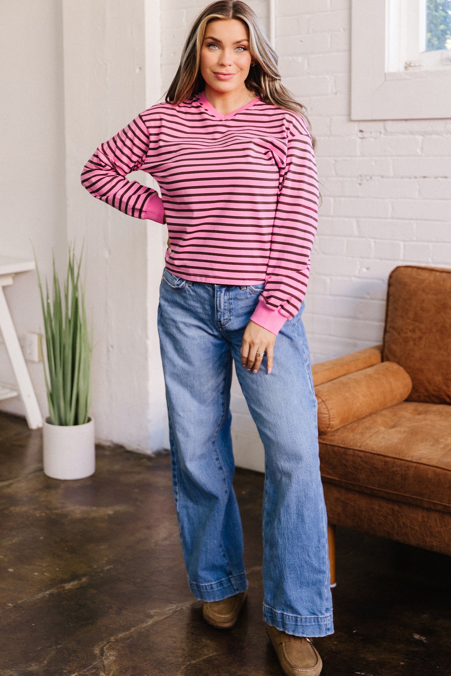 Stripe V-Neck Drop Shoulder Long Sleeve Top