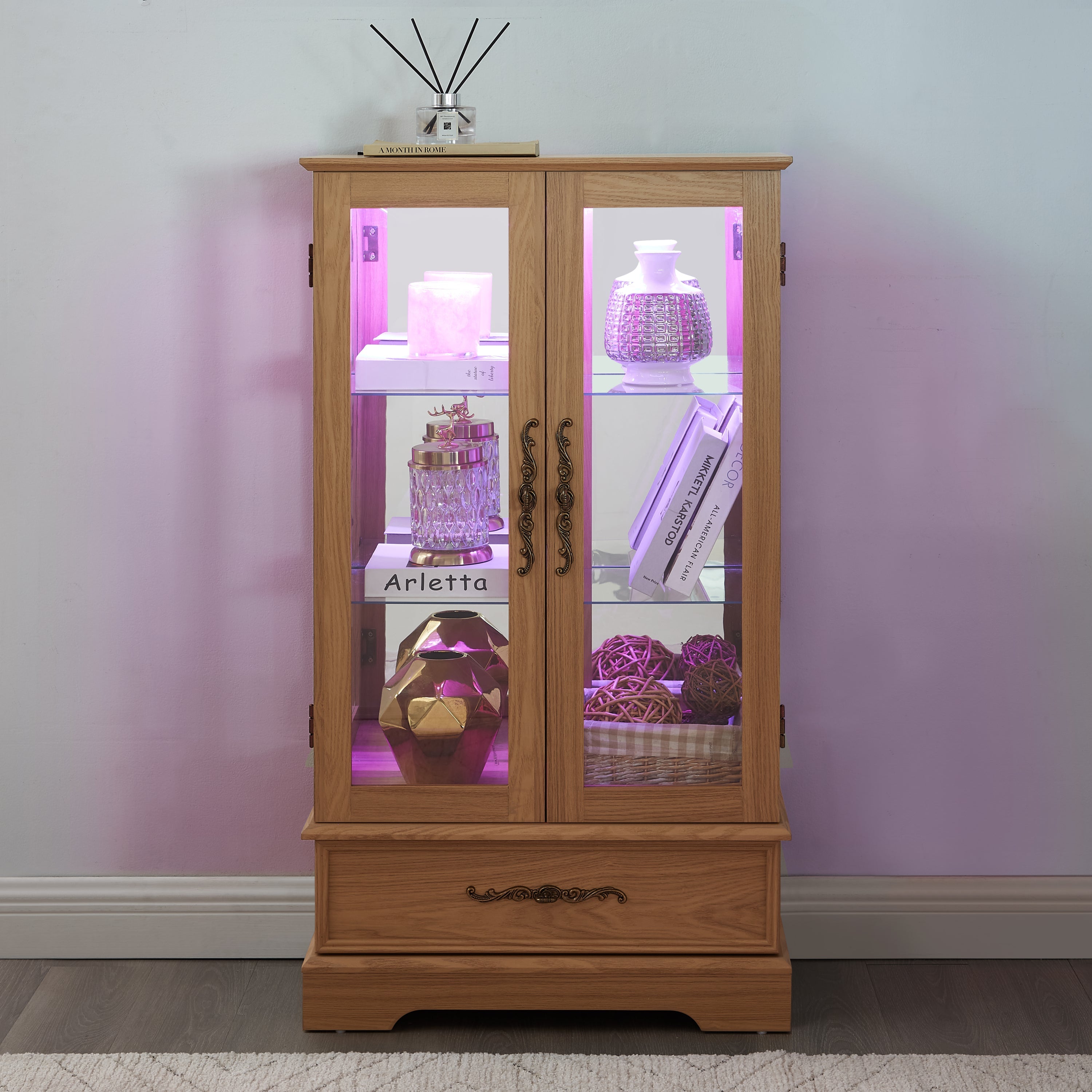 Lighted Glass Curio Display Cabinet with Adjustable Shelves - 2 Doors, 1 Drawer, LED Lights, Elegant Light Oak Finish