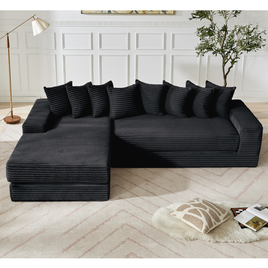 [NEW ARRIVED] [VIDEO PROVIDED] Oversize Cloud Sectional Couch, L-Shape Sofa, Convertible Floor Sleeper Sofa Bed, No Assembly ,Eight pillows,3-in-1,Side Pocket,(Left Facing Sofa),3 Seat,Corduroy,Black