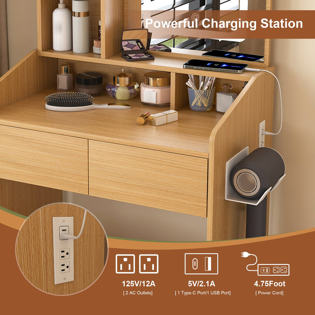 Modern Wood Vanity Table with LED Mirror, Power Outlet, Hairdryer Holder & Padded Stool – Compact Dressing Desk for Small Bedrooms