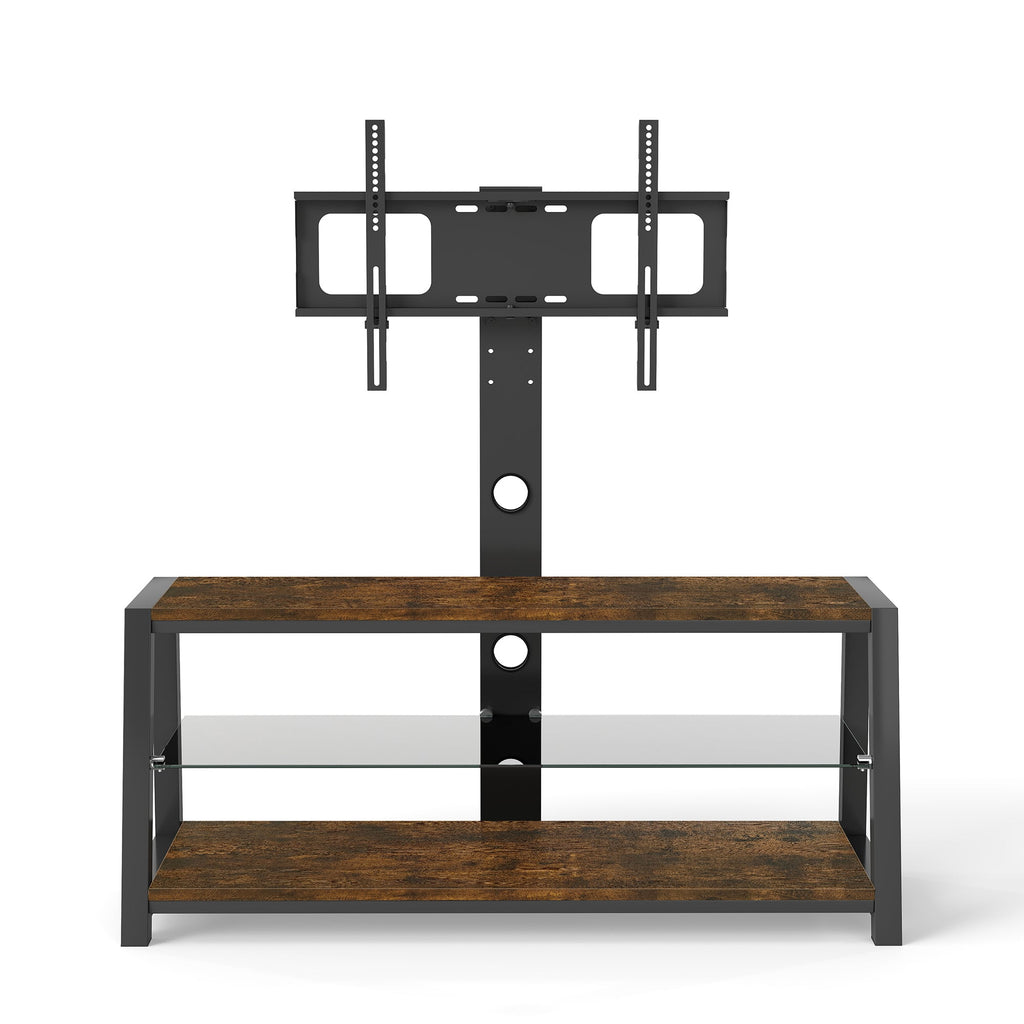 Wooden Storage TV Stand Black Tempered Glass Height Adjustable Universal Swivel Entertainment Center With Mount TV Stand, Rustic Browm
