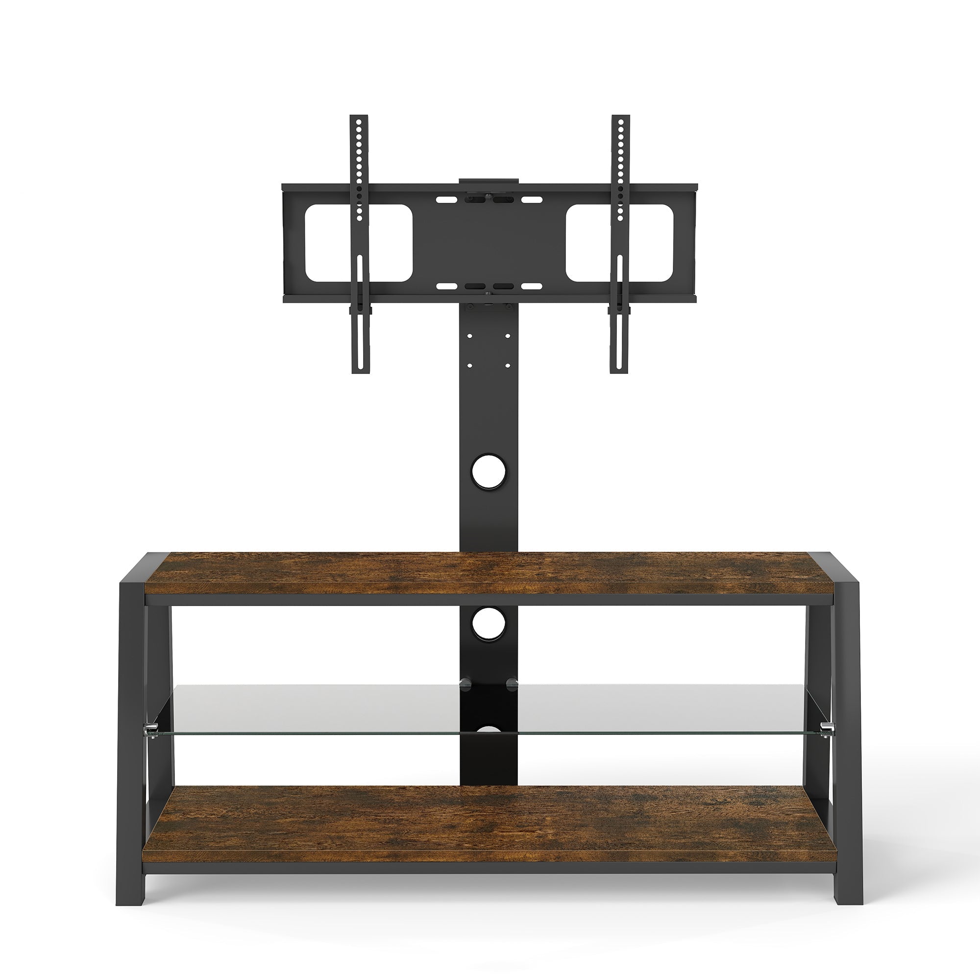 Wooden Storage TV Stand Black Tempered Glass Height Adjustable Universal Swivel Entertainment Center With Mount TV Stand, Rustic Browm