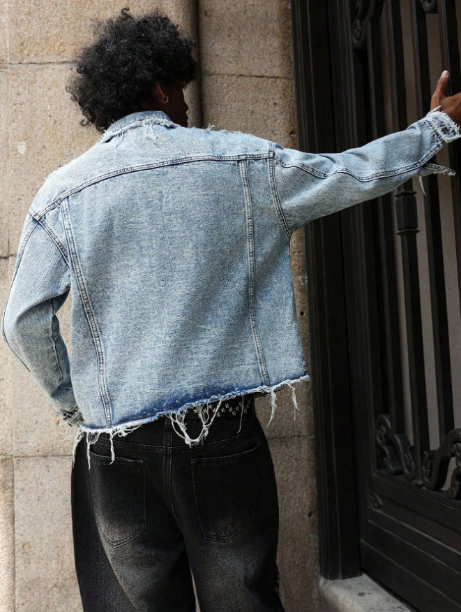 Men's Raw Hem Light Wash Oversized Denim Jean Jacket