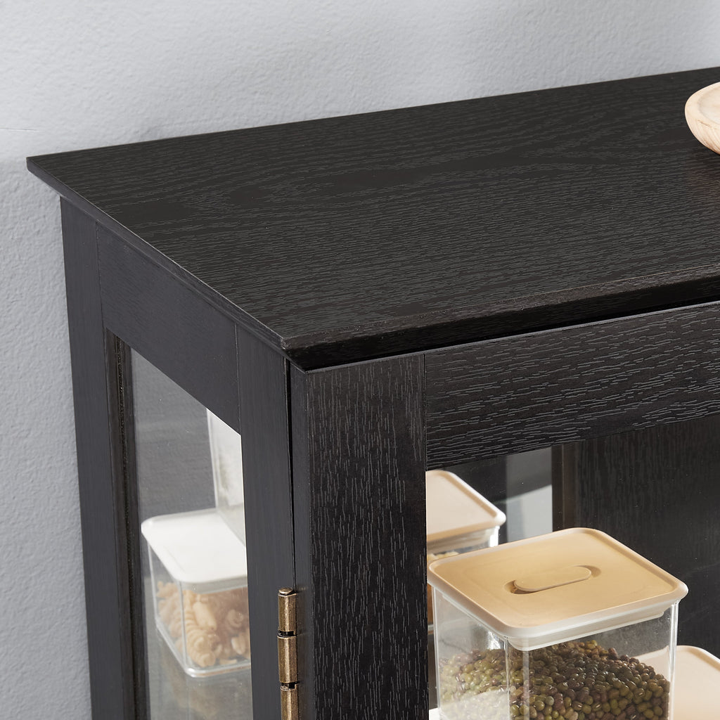 Lighted Curio Cabinet with Glass Doors and Adjustable Shelves 2 Door Wine Cabinet Display Curio Cabinet with LED Lights Light Black Finish and Drawer for Home Decor and Storage
