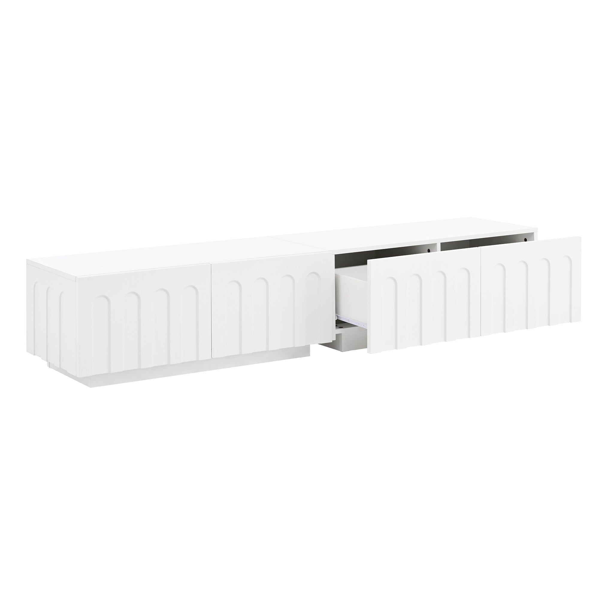 ON-TREND Elegant TV Stand with Arched Design for TVs Up to 80', Modern Dual Purpose Coffee Table with 4 Drawers, Multi-Functional Organizer Cabinet with Storage for Living Room, Bedroom, White