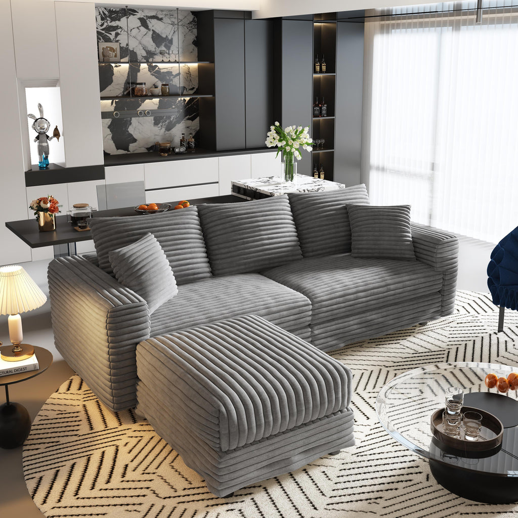 82.7 ' Plush Corduroy 3-Seat Sofa, Modern Comfy Upholstered Sofa Cloud Couch, Deep Seat Couches with Soft Pillows and 1 Ottomans, Convertible Sofa Lounge Chair, for Living Room,Apartment,Office,Grey