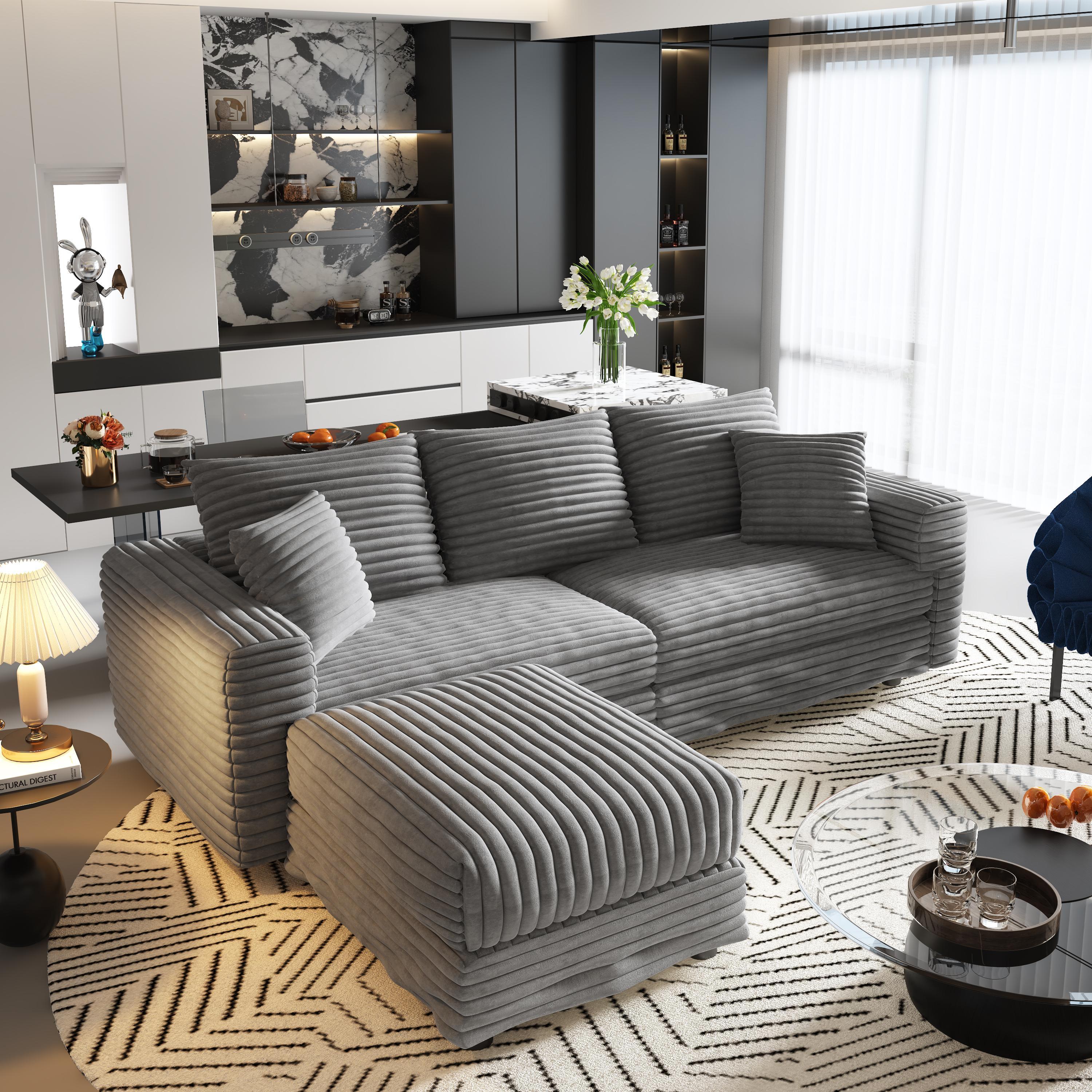 82.7 ' Plush Corduroy 3-Seat Sofa, Modern Comfy Upholstered Sofa Cloud Couch, Deep Seat Couches with Soft Pillows and 1 Ottomans, Convertible Sofa Lounge Chair, for Living Room,Apartment,Office,Grey
